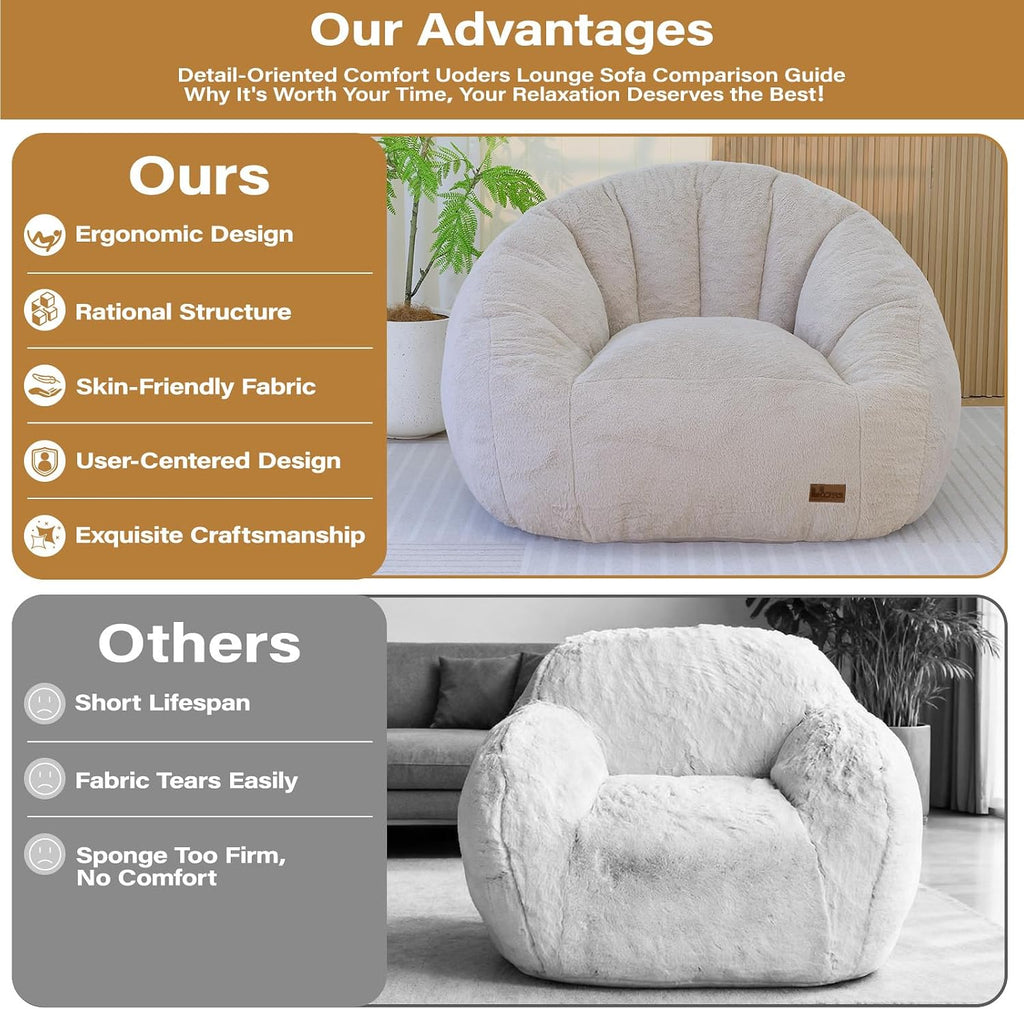 Giant Bean Bag Chair for Adults, Teens and Kids, Cozy Fluffy Corduroy Beanbag Chair with Filler, Large Floor Lounge Sofa for Living Room, Bedroom, Dorm, Gaming and Reading(L-Champagne)