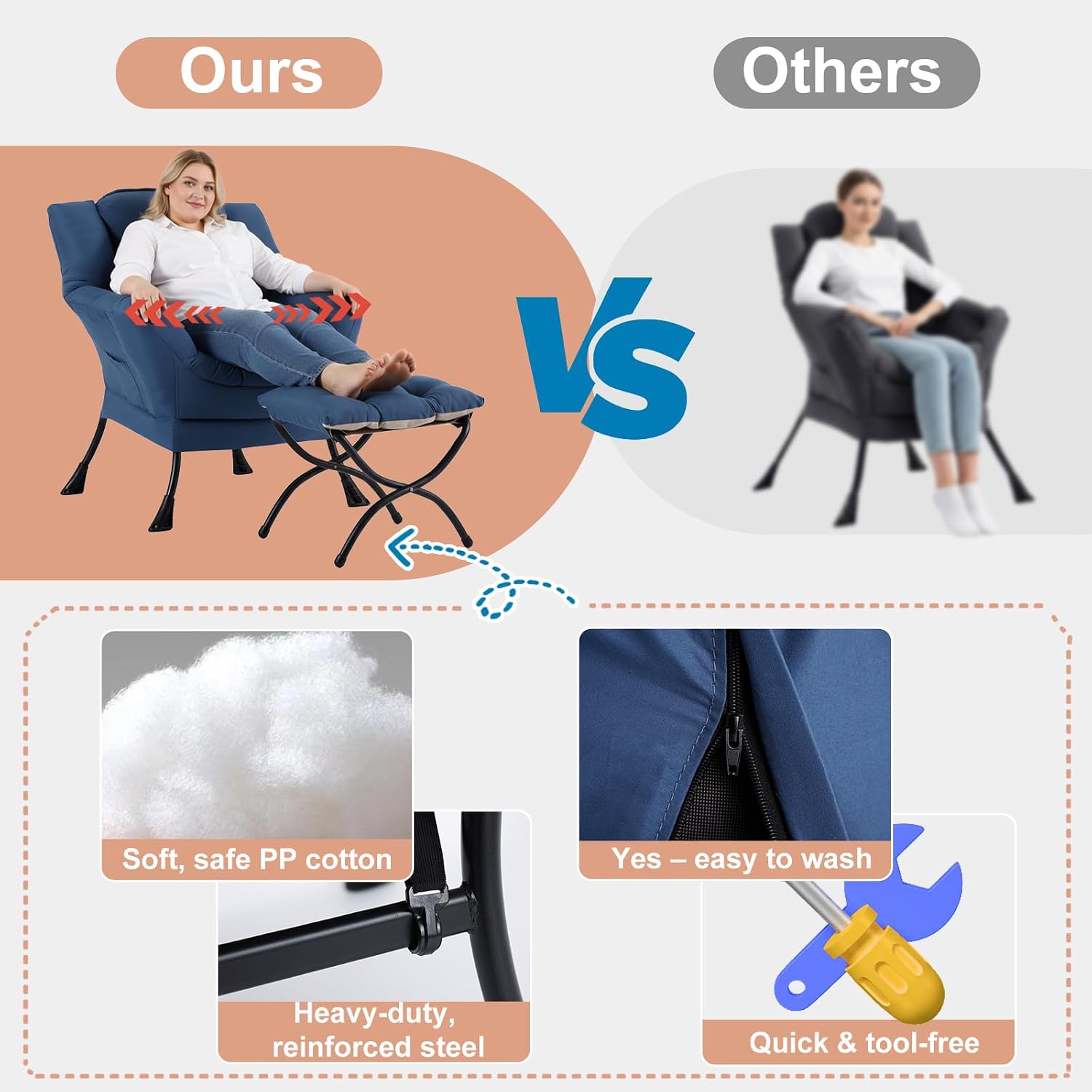 Lazy Chair with Ottoman, Reading Chair with a Pillow, Leisure Sofa Armchair with Ottoman, Large Accent Chair for Bedroom, Living Room, Dorm Room, Peach Royal Blue