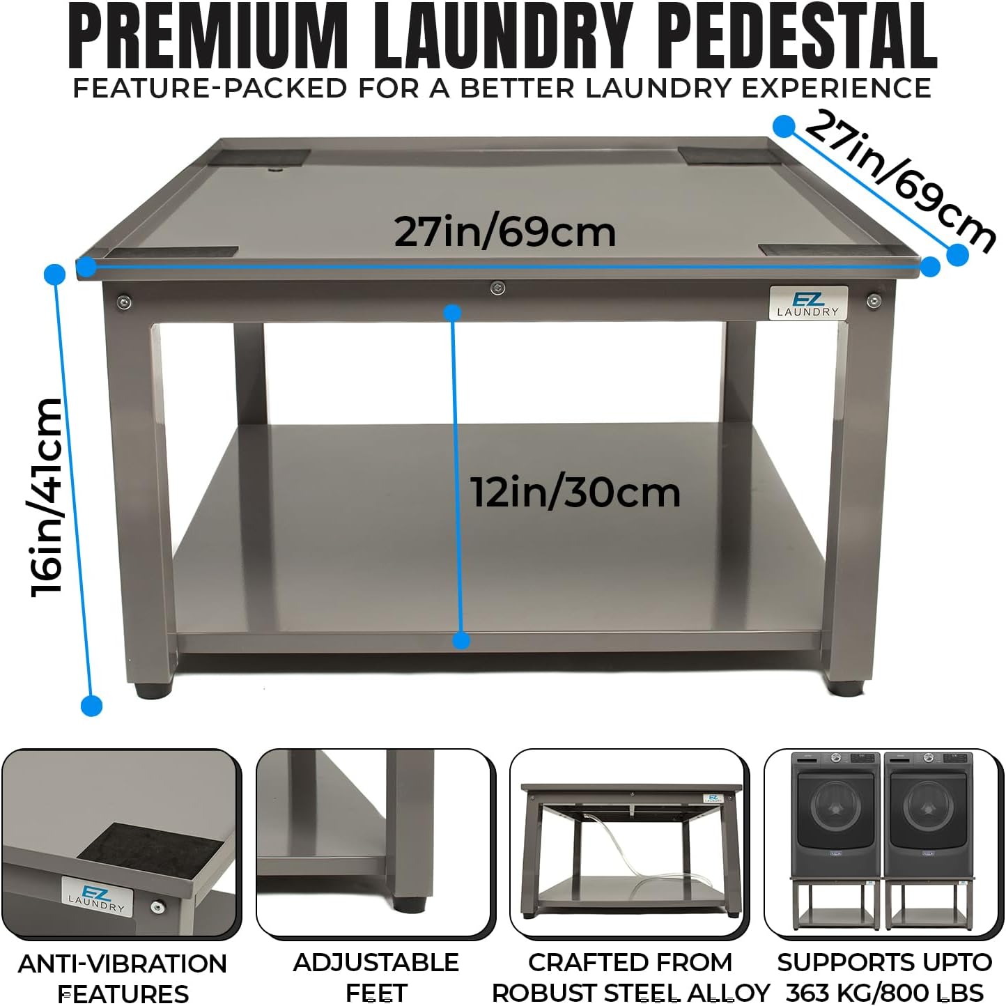 Washer and Dryer Pedestal - 27' W, 16' H, Gray Steel Universal Fit with Major Brands, Leak-Proof Laundry Pedestal with Drain Pan & Hose, Washer and Dryer Stand for Back Pain Relief, 800 lbs Capacity