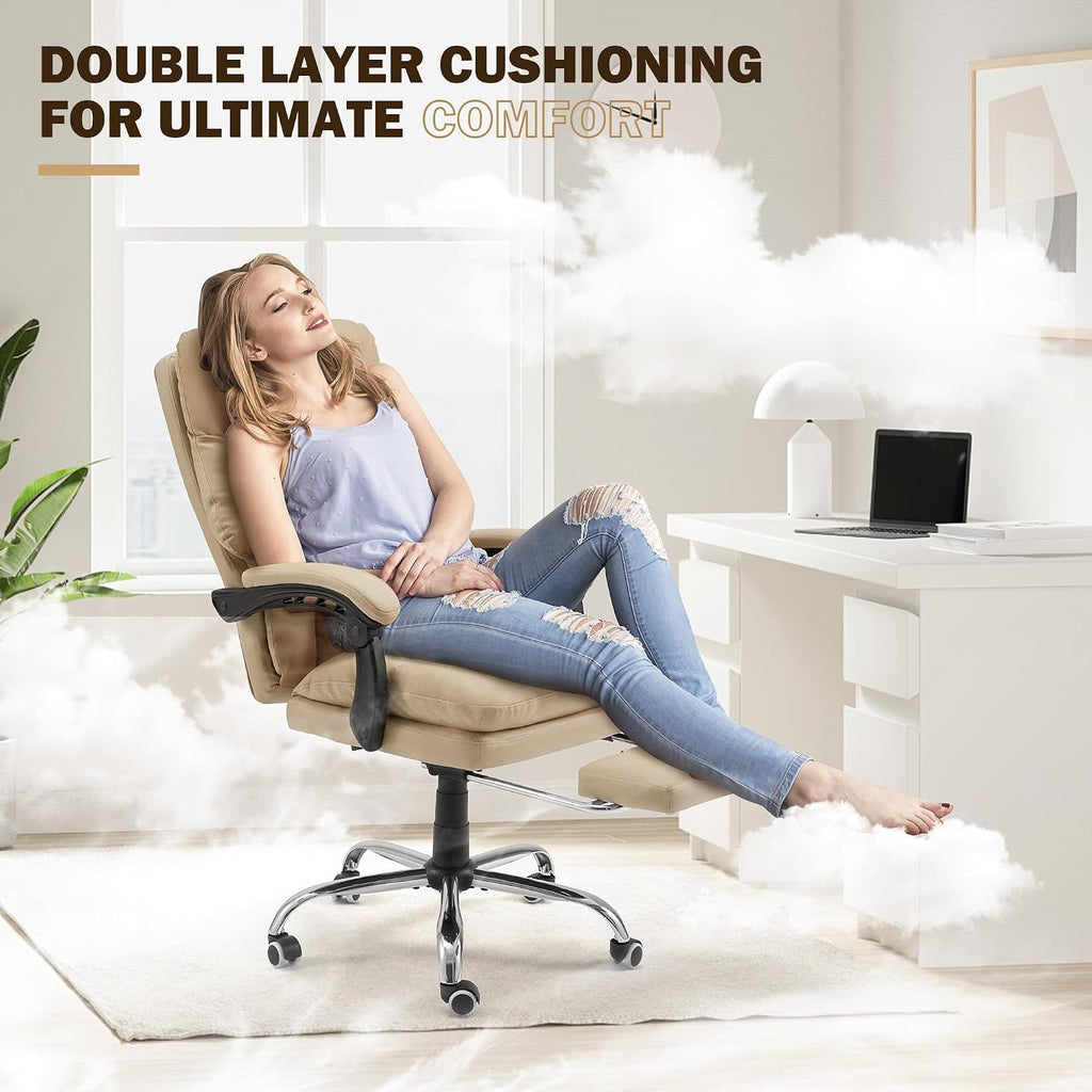 HOMREST Ergonomic Office Chair with 6-Point Massage & Heating, Adjustable Executive Desk Chair with Retractable Footrest, PU Leather Home Office Desk Chair for Home & Office (Khaki)