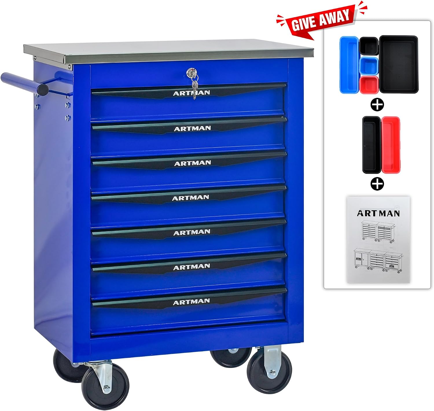 Campfun Tool Cart on Wheels 7 Drawers Rolling Tool Chest Workbench, Metal Tool Cabinet with Extra 7 Tool Storage Boxes, Tool Chest Combo Portable Mechanic Tool Cart for Garage Workshop Warehouse