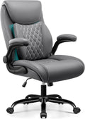 BESTFAIR Office Chair, Executive Computer Desk Chair with Lumbar Support for Lower Back Pain Relief, Ergonomic Leather Home Chair Comfy with Padded Flip-up Arms and Adjustable Armrests, Gray
