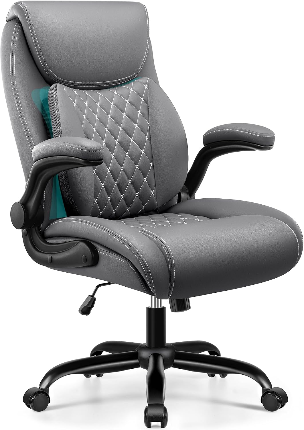 BESTFAIR Office Chair, Executive Computer Desk Chair with Lumbar Support for Lower Back Pain Relief, Ergonomic Leather Home Chair Comfy with Padded Flip-up Arms and Adjustable Armrests, Gray