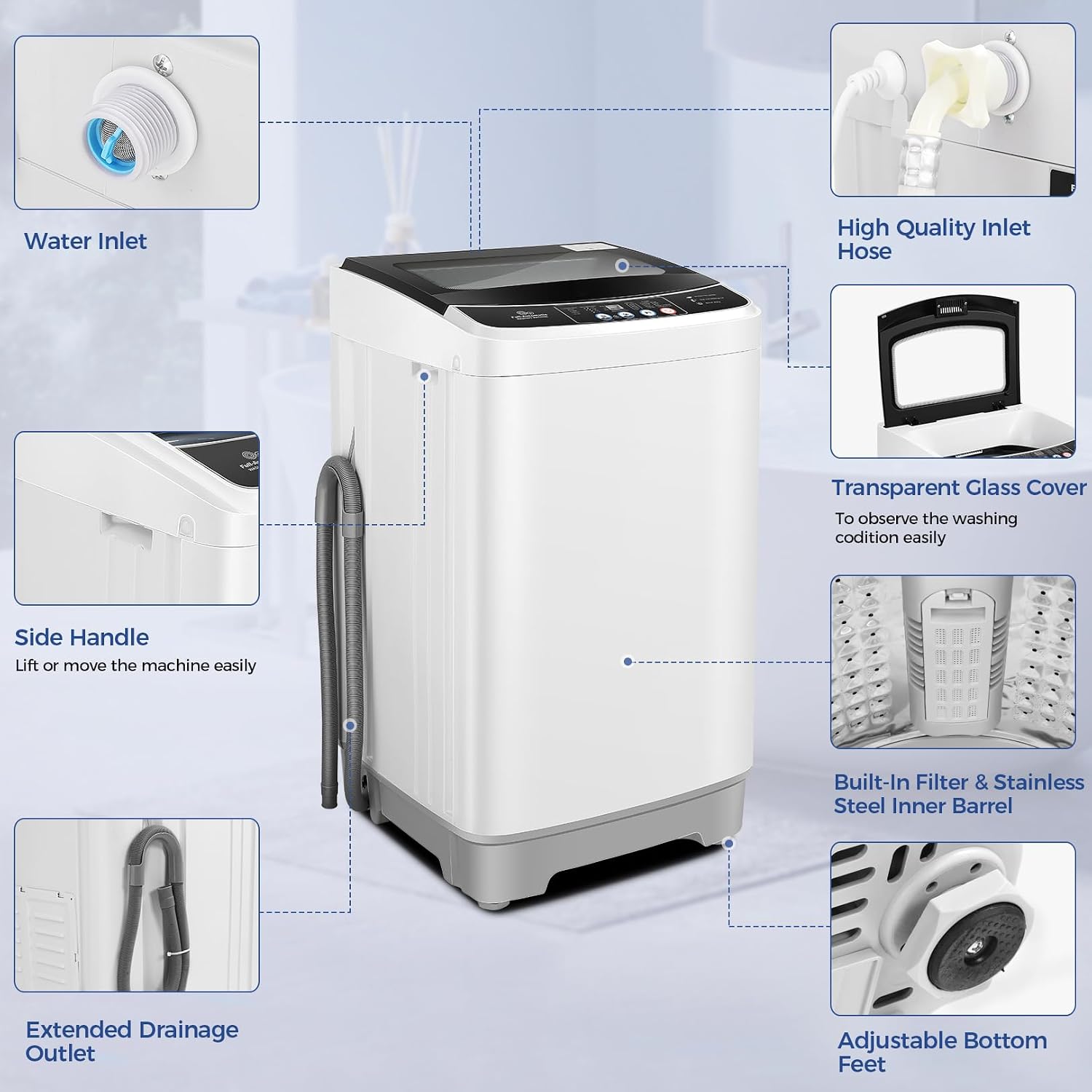Nictemaw Portable Washing Machine, 20Lbs Capacity Full-Automatic Portable Washer with Drain Pump, 2.8Cu.ft Washer and Dryer Combo with 10 Programs & 8 Water Levels for Apartment, Dorms, RV- Glass Lid