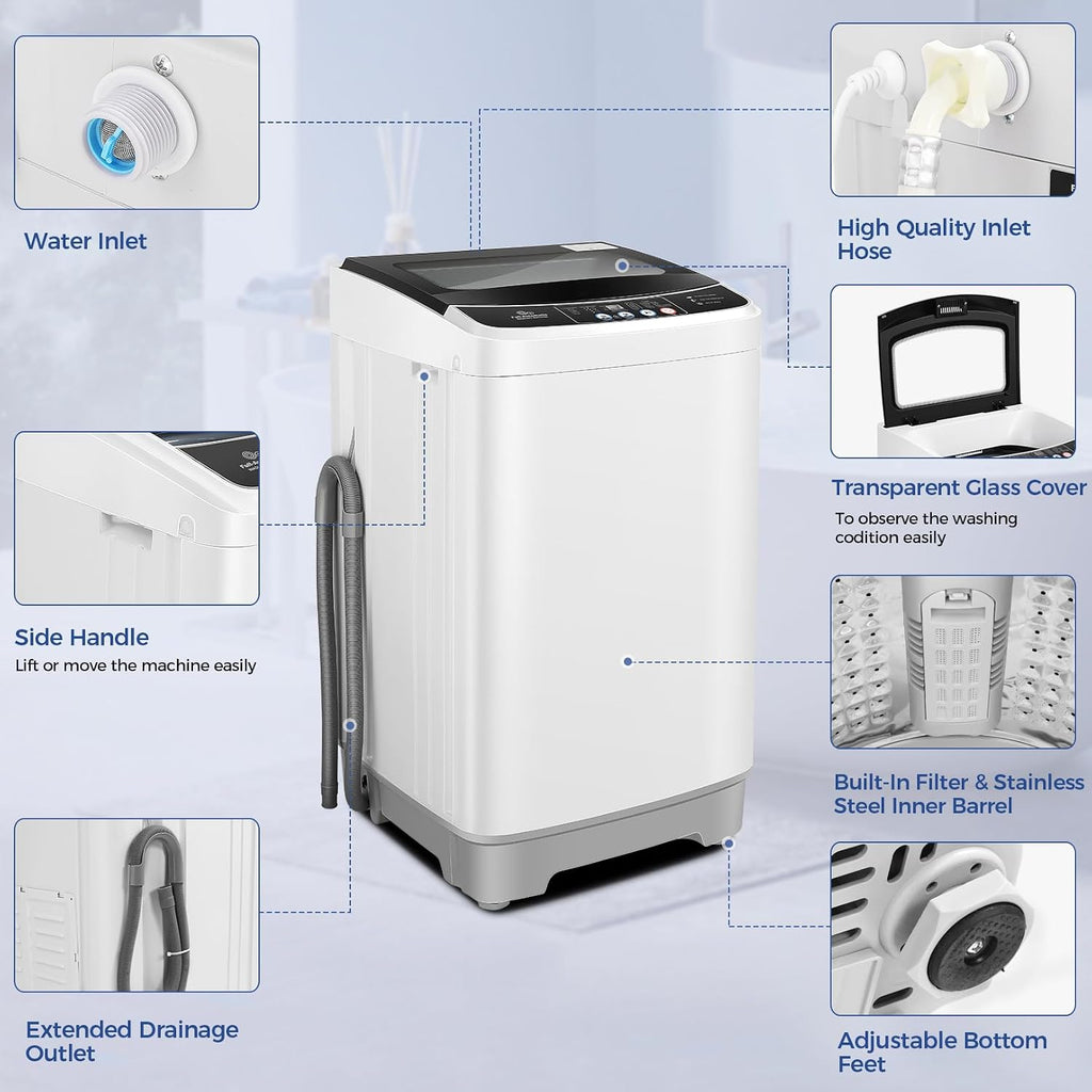 Nictemaw Portable Washing Machine, 17.8Lbs Capacity Full-Automatic Portable Washer, 2.4Cu.ft Washer and Dryer Combo with Drain Pump, 10 Programs 8 Water Levels Compact Laundry Machine for Apartment RV