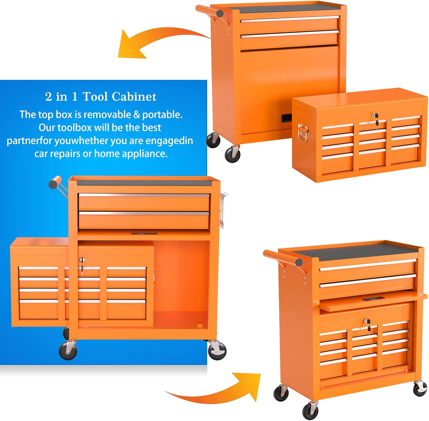 Go Big 8-Drawers Tool Chest Tool Box, Rolling Tool Chest with Wheels, Rolling Tool Box with Wheels, Garage Tool Storage Cabinet on Wheels, Locking System Toolbox(Orange)