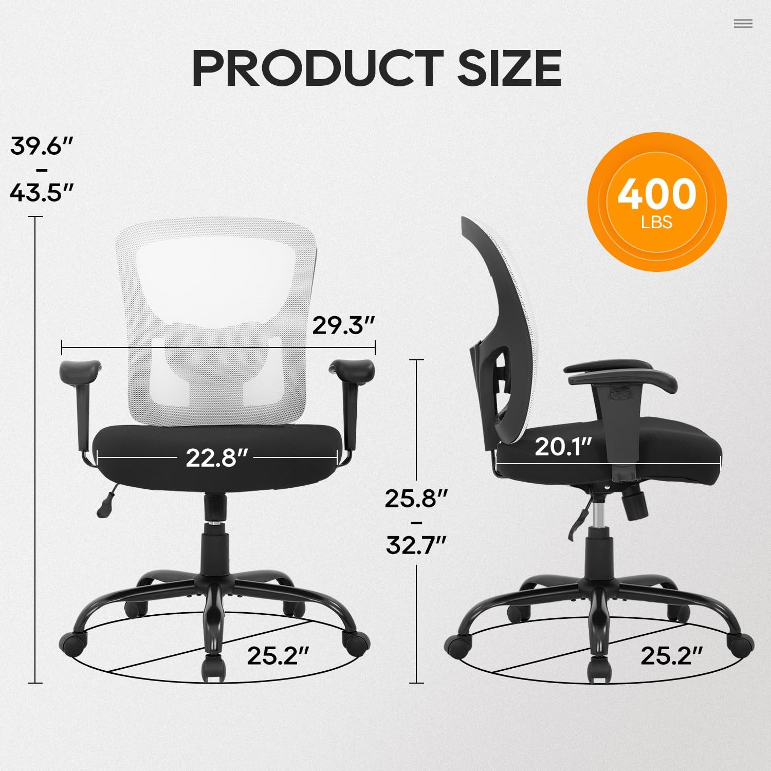BestOffice Big & Tall Office Chair, 400 lb Capacity Mesh Desk Seating with Lumbar Support, Wide Seat, Adjustable Arms, Rolling Swivel High-Back Ergonomic Executive Task Model for Home Office, White