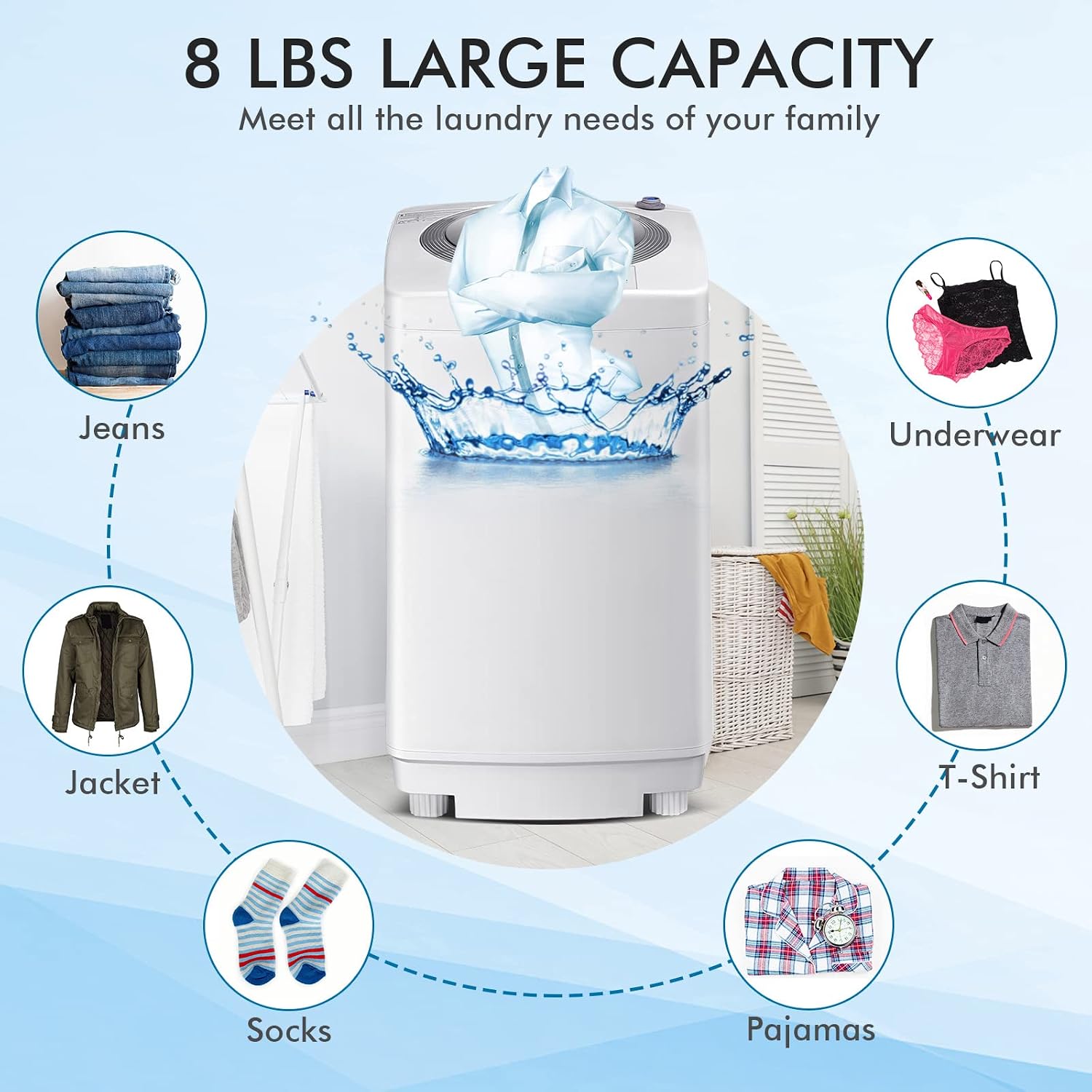 ARLIME Portable Washing Machine 1.2 Cu.ft, 8 lbs Capacity, Built-in Drain Pump, Full-automatic Washer and Dryer Combo for Apartment, RV, Dorm