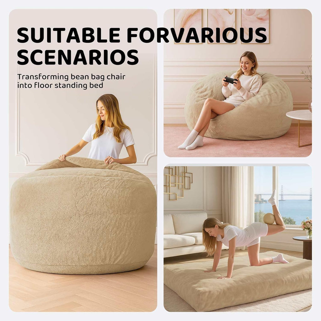 Adult Bean Bag Chair Bed, Bean Bag Sofa with Filling, Memory Foam, Comfortable Floor Sofa Bed, Boneless Floor Chair, Suitable for Living Room Bedroom Dormitory Balcony Lounge (Apricot, Chair Bed)