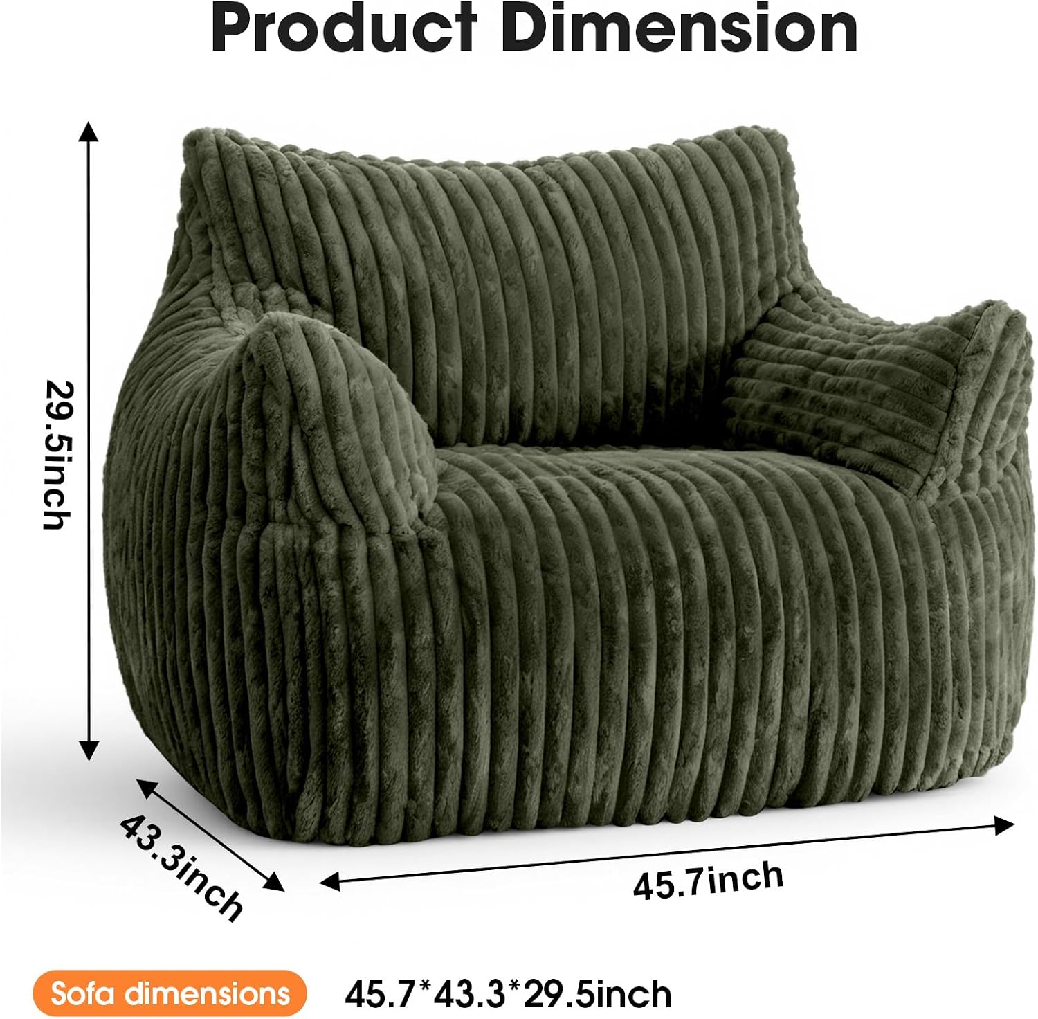 Giant Bean Bag Chair for Adults, Oversized Memory Foam Bean Bag Sofa with Armrests, Large Comfy Fluffy Single Lounges Mini Couch for Living Room, Bedroom & Dorm(Green)