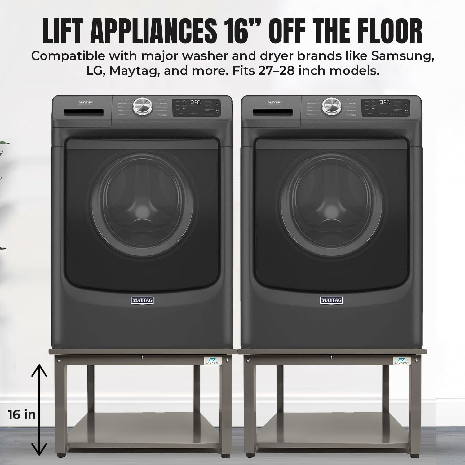 Washer and Dryer Pedestal - 27' W, 16' H, Gray Steel Universal Fit with Major Brands, Leak-Proof Laundry Pedestal with Drain Pan & Hose, Washer and Dryer Stand for Back Pain Relief, 800 lbs Capacity