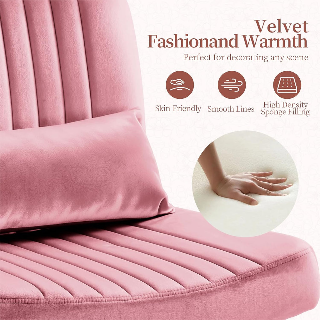 Warmiehomy Velvet Criss Cross Desk Chair with Wheels, Luxury Cross Legged Office Chairs for Home Office, Swivel Wide Seat Vanity Chair, Armless Adjustable Height Gaming Chair Gift, Dusty Rose