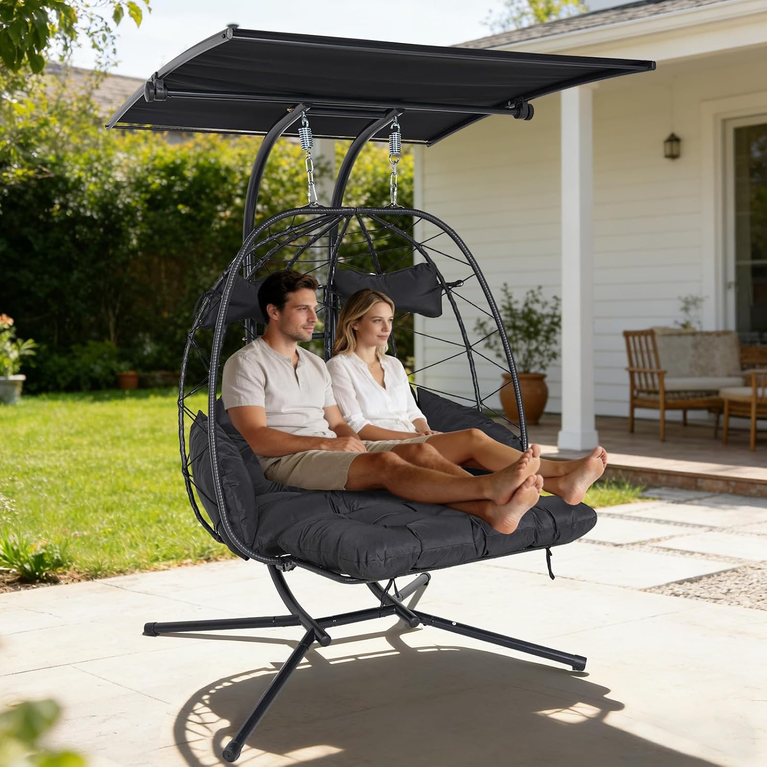 Double Egg Chair Outdoor with Stand & Canopy, 2 Person Hanging Egg Chair with Footrest, Oversized Rattan Wicker Egg Swing Chair for Patio Backyard Garden, 660Lbs, Black