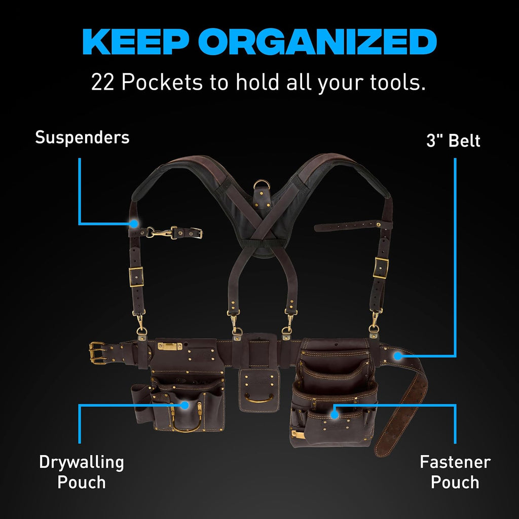Ox Pro Drywall Tool Belt with Padded Suspenders - 22-Pocket Leather Pouches - Small Made of Oil-Tanned Leather with Double-Stitching and Steel Rivets - OX-P263805