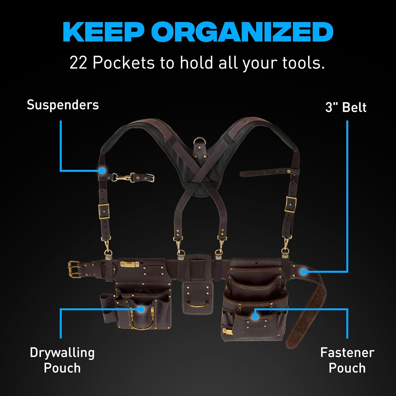 Ox Pro Drywall Tool Belt with Padded Suspenders - 22-Pocket Leather Pouches - Small Made of Oil-Tanned Leather with Double-Stitching and Steel Rivets - OX-P263805