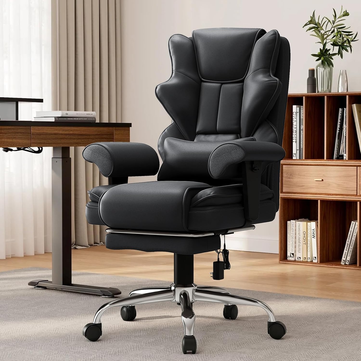 7-Point Massage Office Chair,Heated Manageral Chair,Ergonomic Executive Chair with Footrest,Adjustable Armrest，Computer Chair for Offices, Study Areas, Gaming Spaces,Black