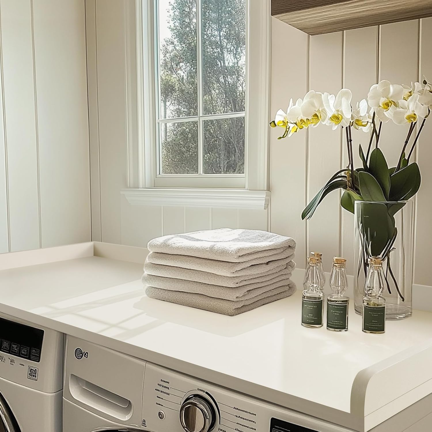 Kaboon Washer Dryer Countertop, Melamine Countertop with Edge Rails - 27.5' Depth x 54' Width Laundry Room Organization, Beige Leather