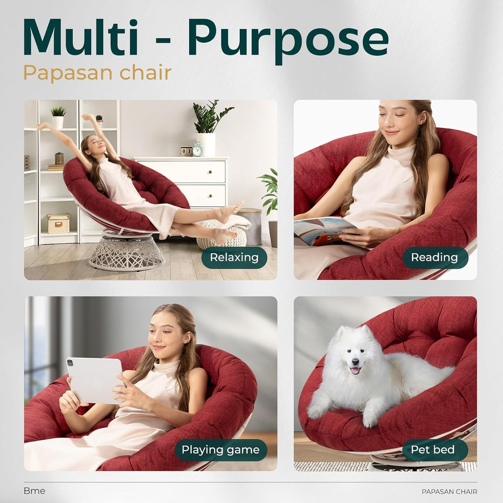 Bme 40' Ergonomic Wicker Papasan Chair with Soft Thick Density Fabric Cushion, High Capacity Steel Frame, 360 Degree Swivel for Living, Bedroom, Reading Room, Lounge, Cherry Sangria - White Base