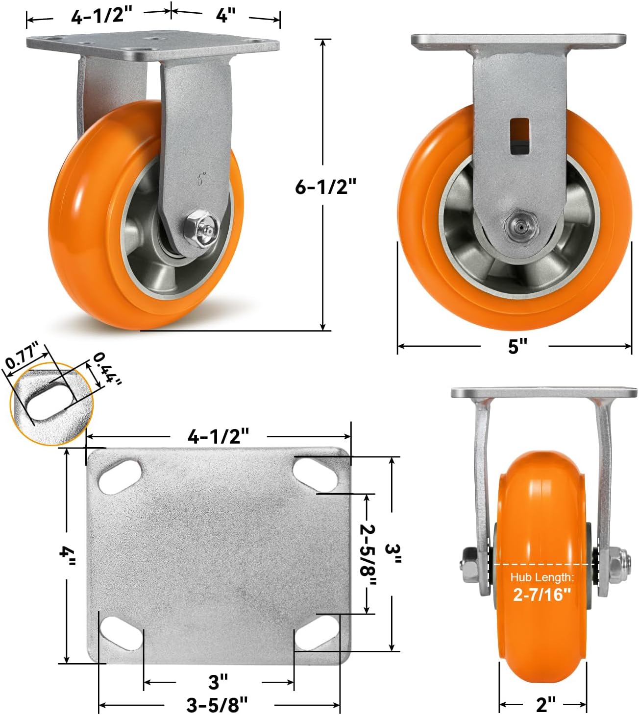 Caster Wheels, 5' Heavy Duty Industrial Swivel Caster, Crowned Tread Aluminum Core Thickened Polyurethane Casters Set of 4, Wheels for Cart Toolbox (2 Brake & 2 Rigid)