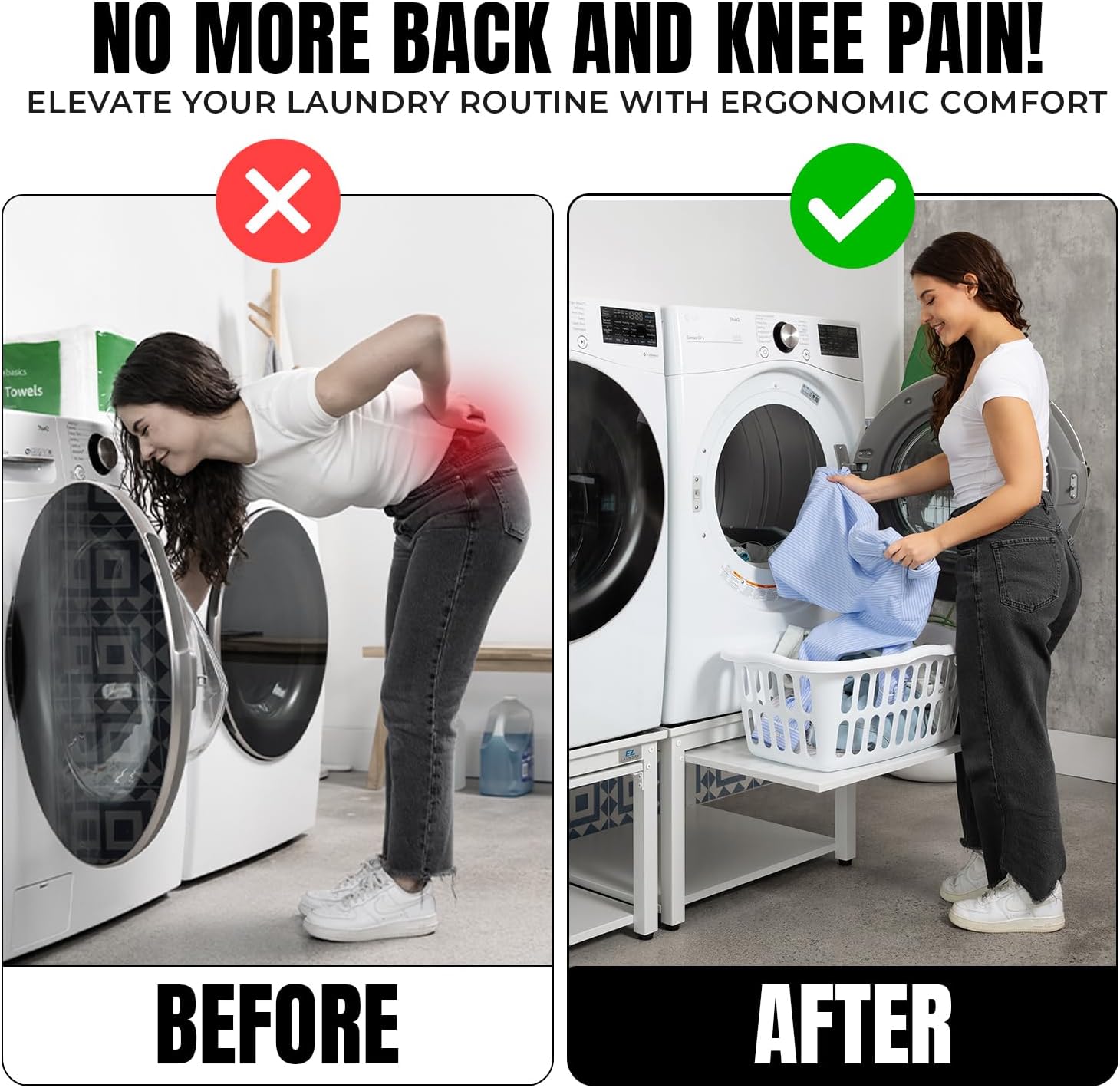 Washer and Dryer Pedestal with Pullout-Shelf - 24' W, 18' H, White Steel Universal Fit with Major Brands | Laundry Pedestal with Drain Pan & Hose | Washer Stand for Back Pain Relief, 800 lbs Capacity