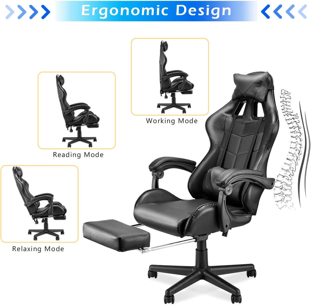 Soontrans Black Gaming Chairs with Footrest,Ergonomic PC Computer Game Chair,Home Office Desk Chair with Headrest and Lumbar Support Office Chair for Adult