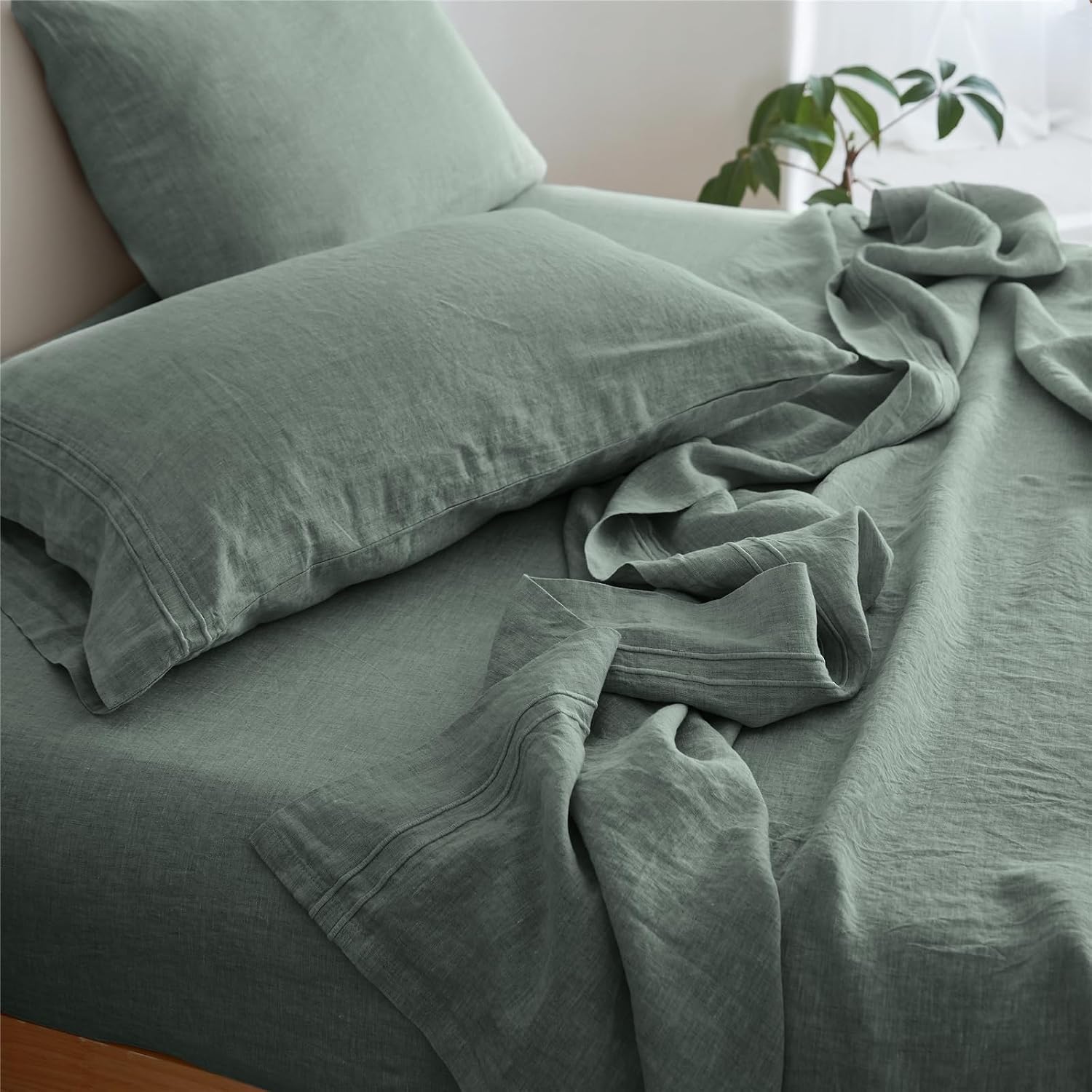 Simple&Opulence 100% Linen Sheet Set 4 Pieces Natural France Flax Bed Sheet (1 Flat Sheet, 1 Fitted Sheet, 2 Pillowcases) Breathable Luxury Hotel Bedding - Embroidery Cushing Green, King Size