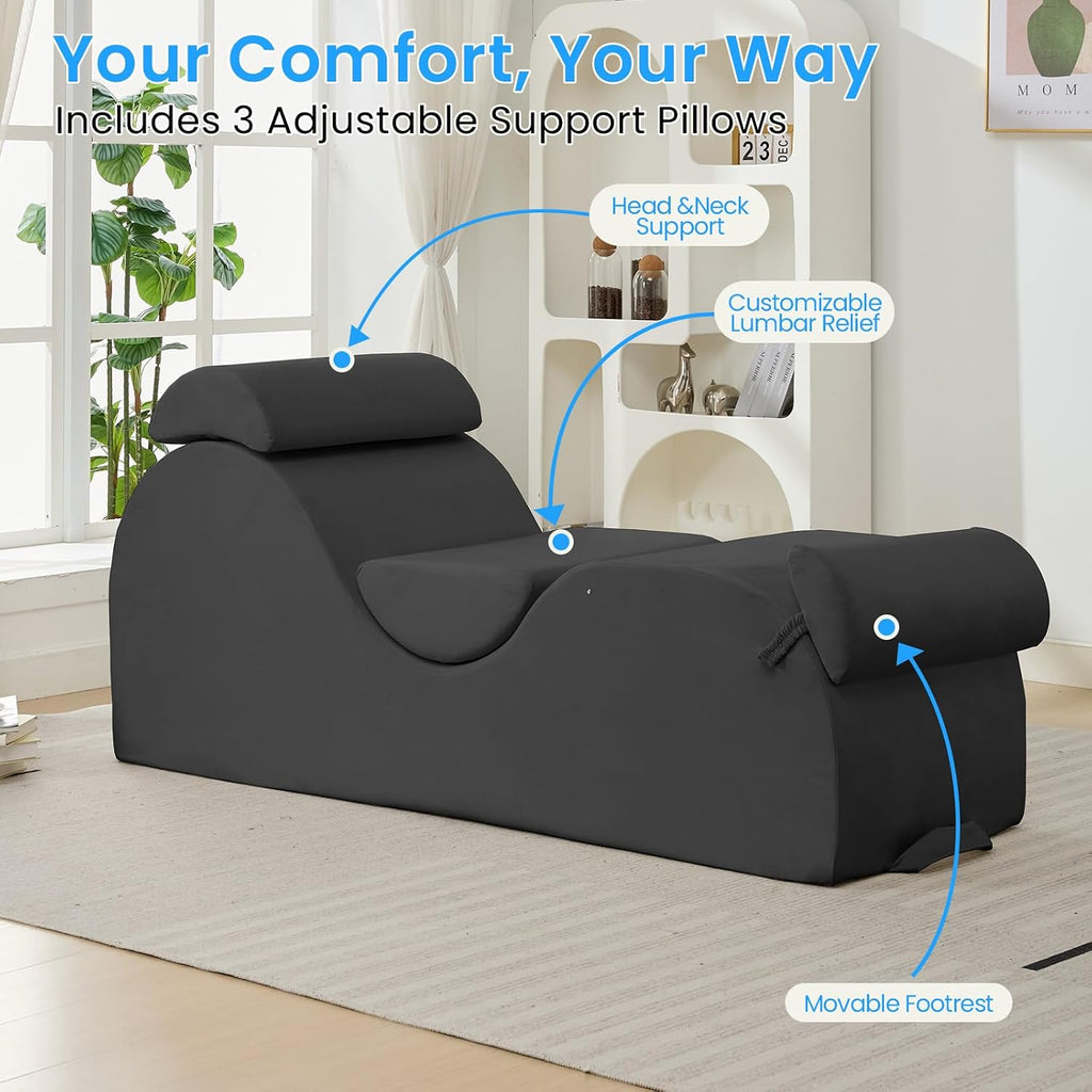 ijuicy 25 Inch Yoga Stretch Chair, Velvet Household Fitness Training Chair, Indoor Relaxation Recliner with Headrest & Adjustable Footrest, Dark Grey