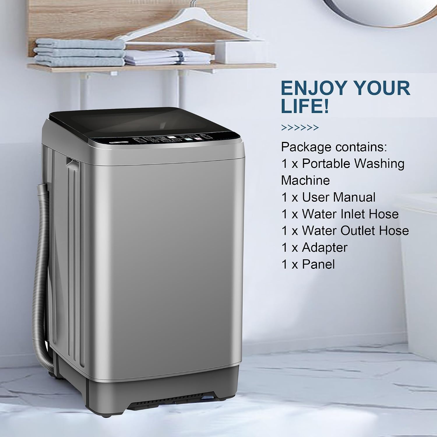 Portable Washing Machine, 25Lbs Capacity Portable Washer with Drain Pump, Full-Automatic Washer with 10 Programs & 8 Water Levels for Apartment, Dorms, Home, Grey