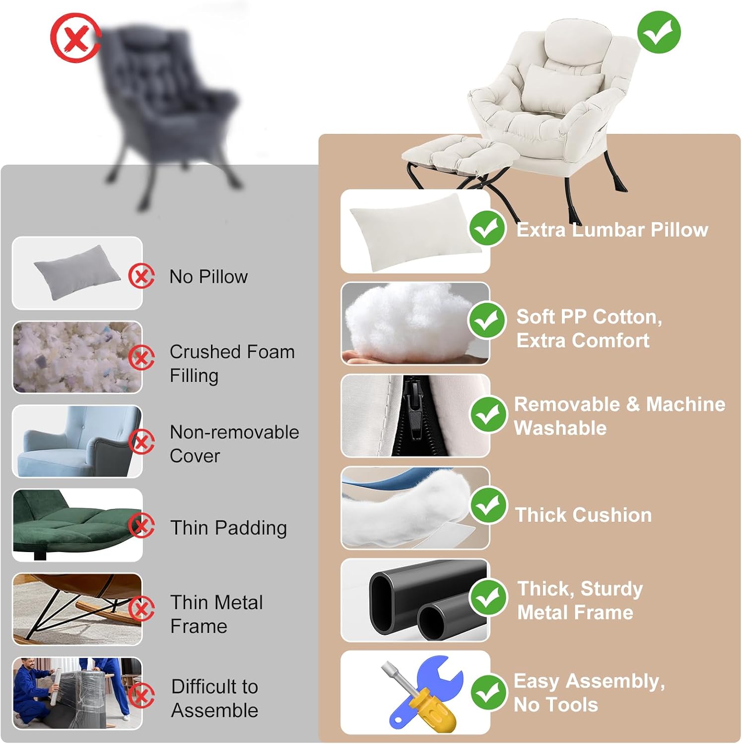 Lazy Chair with Ottoman, Modern Accent Chair with Lumbar Pillow, Beige Sofa, Armchairs with Folding Footrest, Oversized Supportive Chairs for Bedroom, Reading