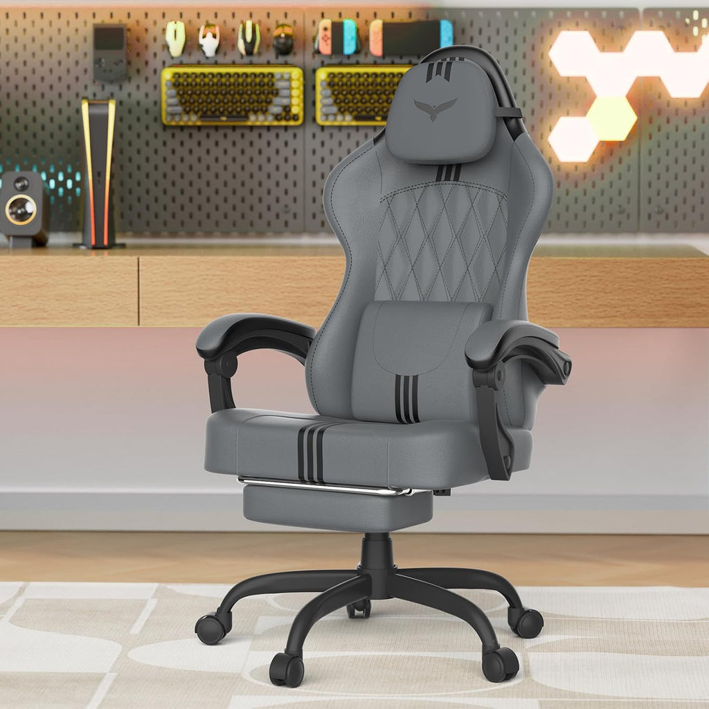 Soontrans PU Leather Gaming Chair with Pocket Spring Cushion, Wide 20' Seat, Ergonomic Computer Chair with Adjustable Headrest, Lumbar Pillow, Footrest & Reclining Backrest, Desk Chair for Adults