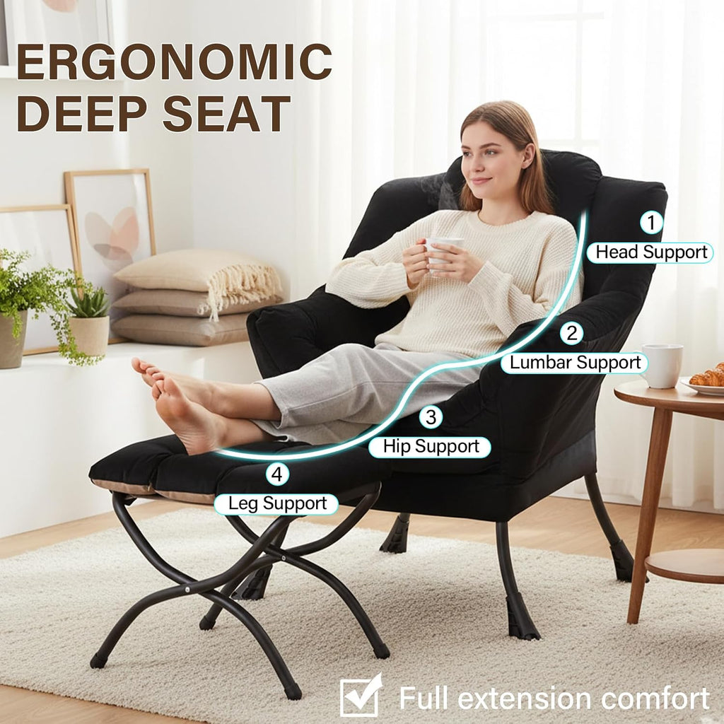 Welnow Lazy Chair with Ottoman, Modern Accent Chair with Armrests and a Side Pocket, Leisure Sofa Armchair, Reading Armchair with Footrest for Small Space, Black