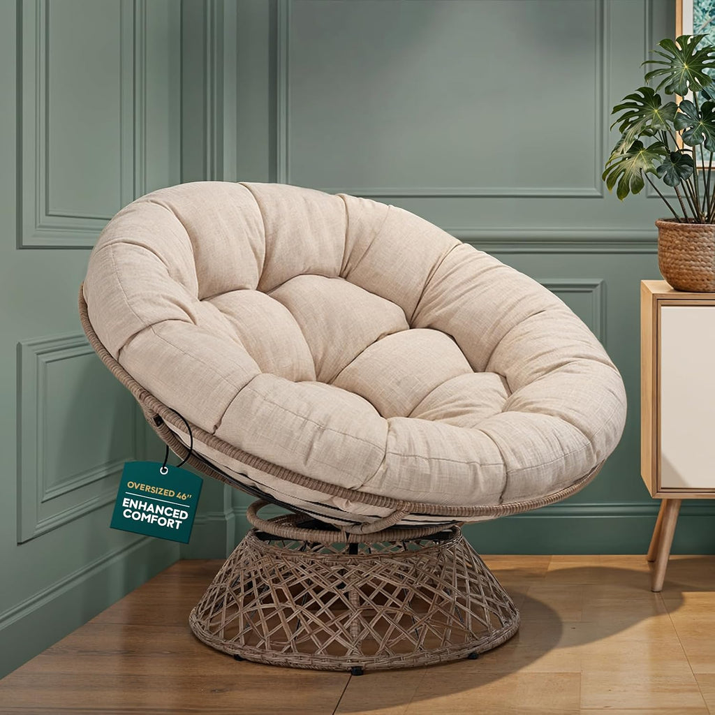 Bme 46' Large Size Ergonomic Wicker Papasan Chair with Soft Thick Density Fabric Cushion, Bee-Designed Base, High Capacity Steel Frame, 360 Degree Swivel for Living, Bedroom,...