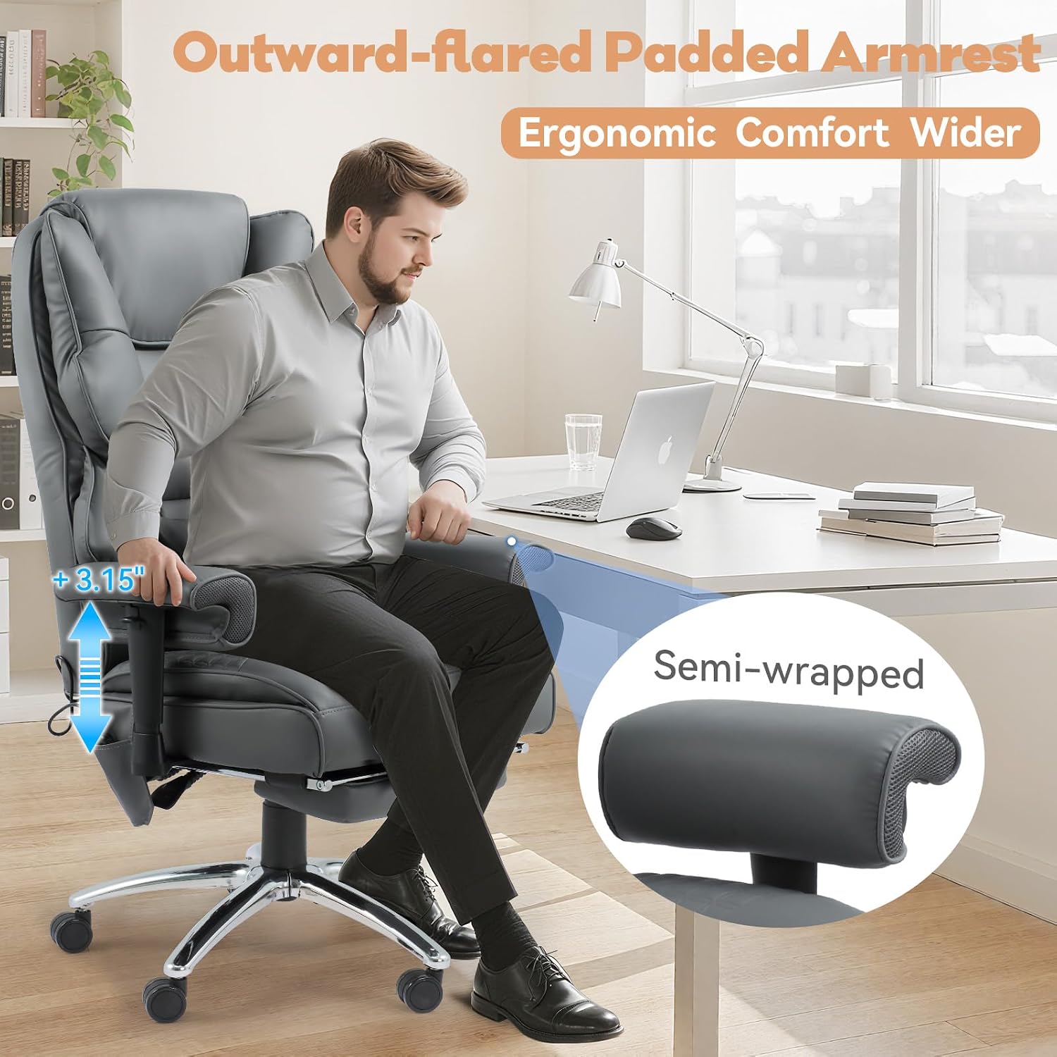 Massage Office Chair with Foot Rest, Ergonomic Executive Heated Office Chair with Reclining Backrest, Adjustable Arms and Lumbar Support, High Back Leather Desk Chairs for Home Office, Gray