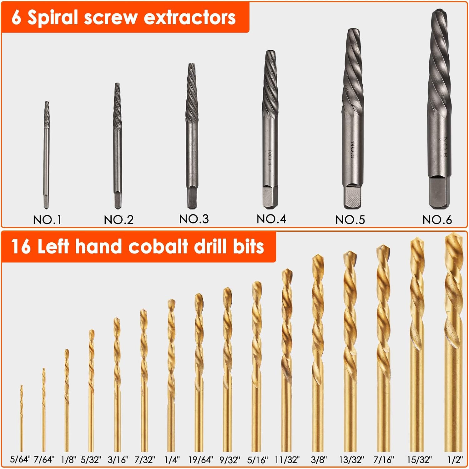 THINKWORK Broken Bolt Extractor Kit, 54 Pieces Easy Out Screw Extractor Set, Lug Nut Removal Tool with Left Hand Drill Bit Set for Removing Damaged, Frozen, Rusted, Rounded-Off Bolts, Nuts & Screws