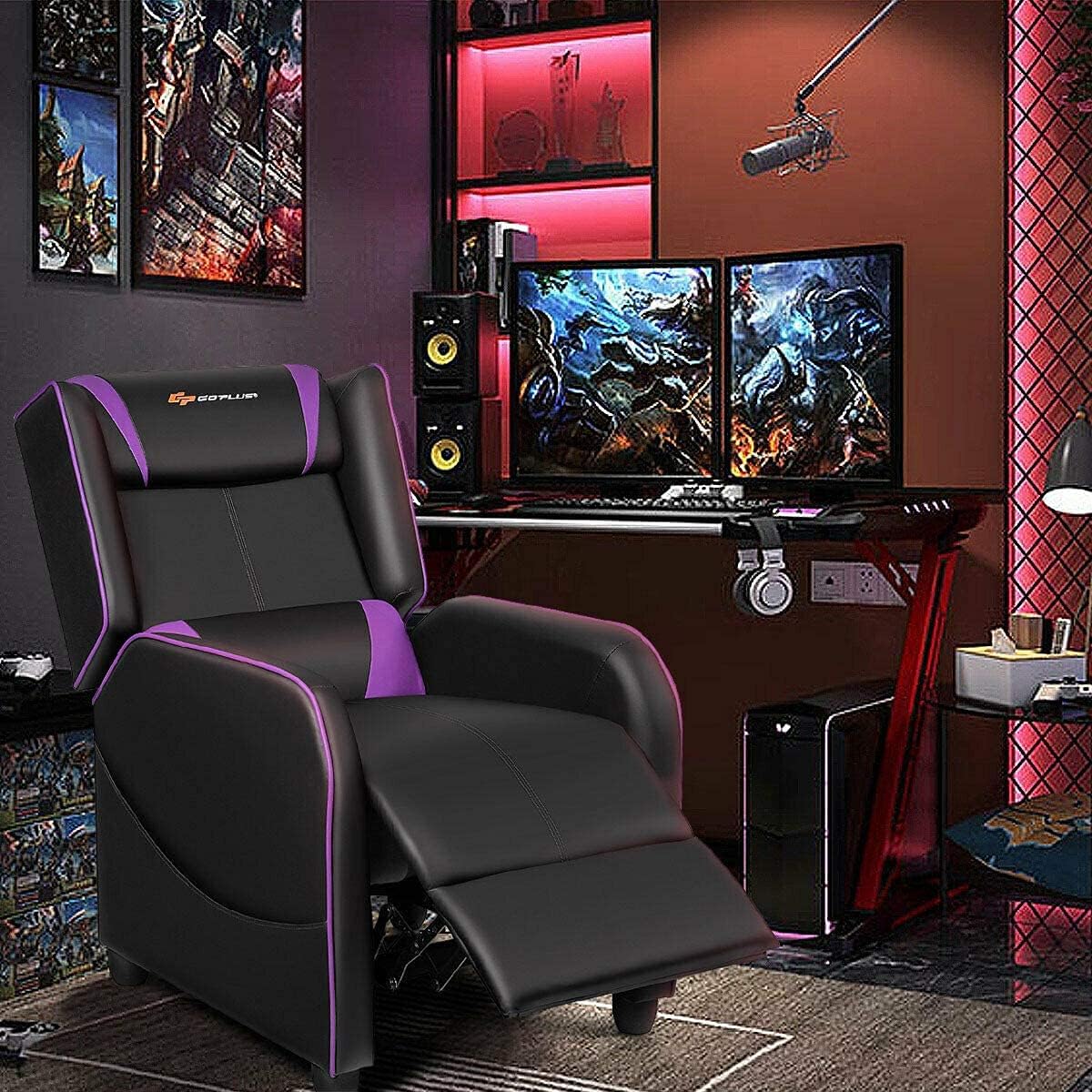 LDAILY Massage Recliner Chair, Racing Style Gaming Chair w/Massage Lumbar Cushion, Footrest & Headrest, Ergonomic PU Leather Single Recliner Sofa for Living Room Home Office (Purple)