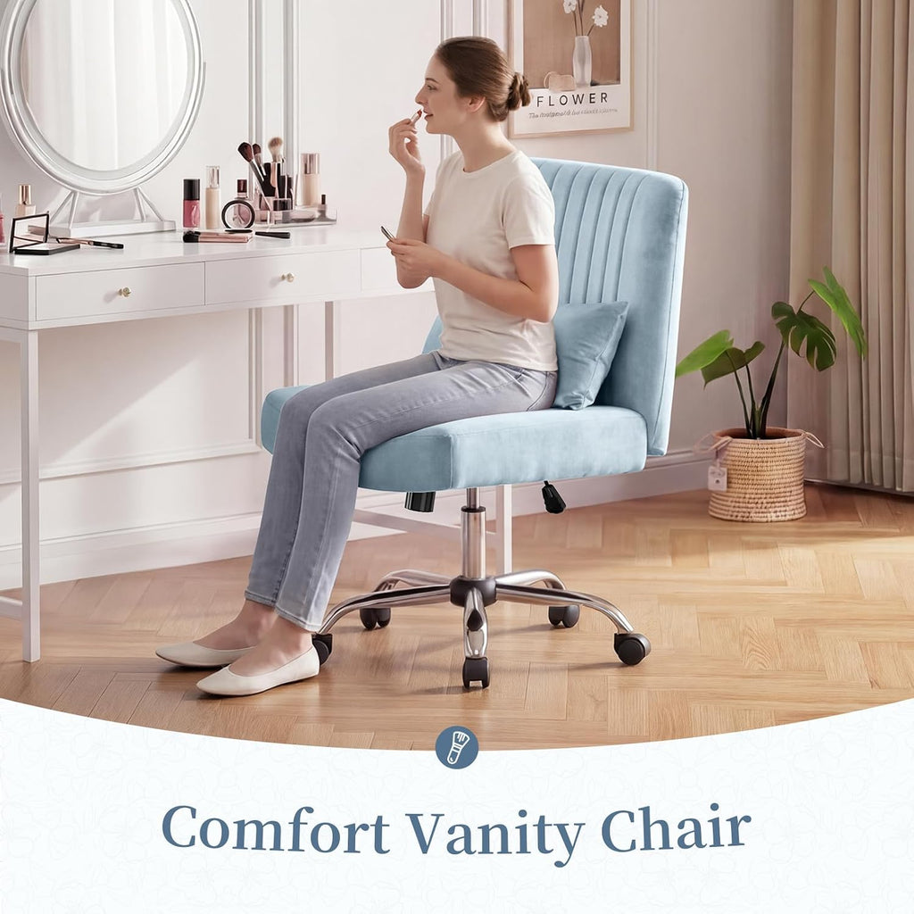 Criss Cross Office Chair with Wheels, Velvet Cross Legged Desk Chair for Bedroom, Armless Computer Chair, Modern Vanity Chair, Festival for Adults, Velvet Dusk Blue
