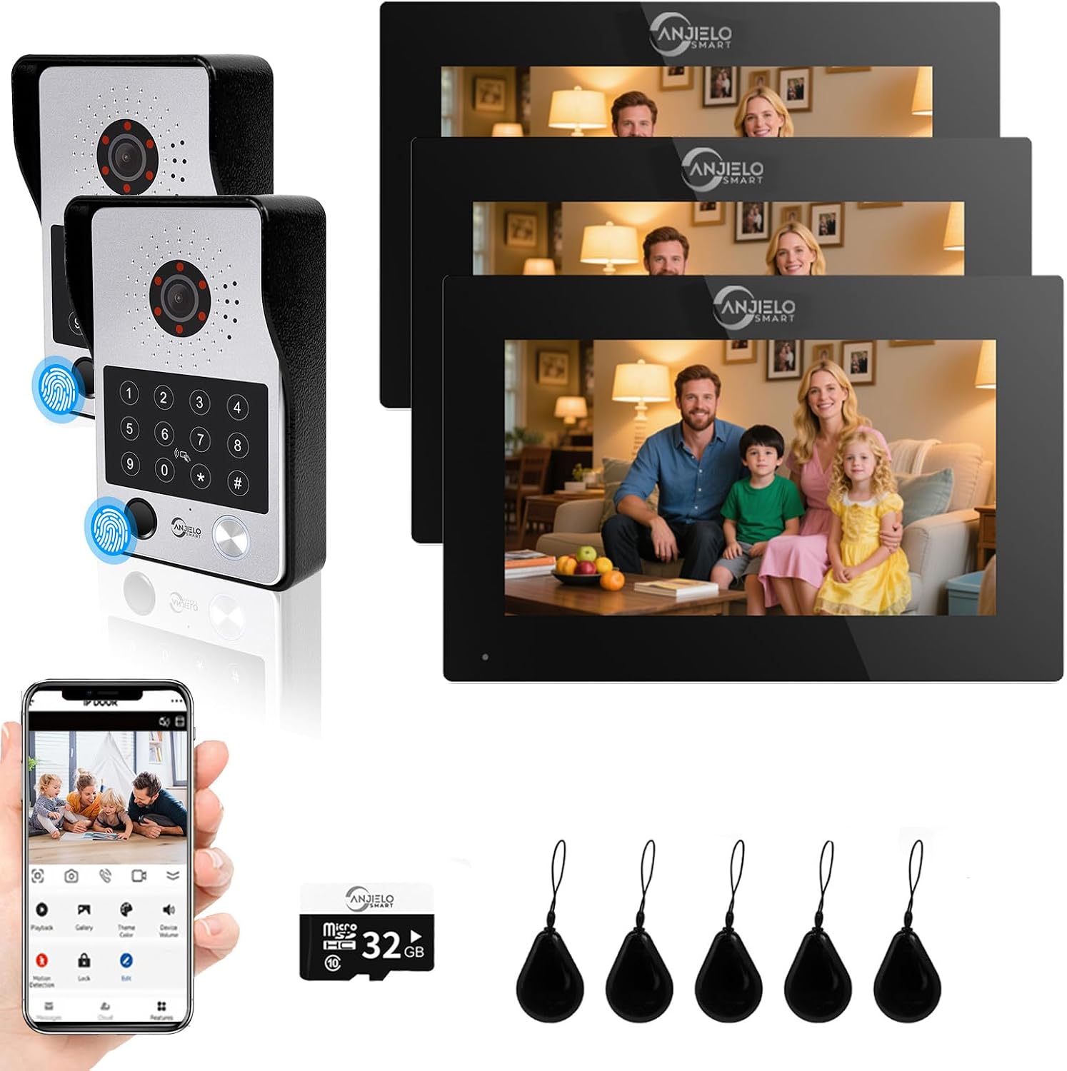 7-Inch Smart Video Intercom System,1080P HD Wired Doorbell with Touchscreen Monitor,Fingerprint, RFID & PIN Unlock,Tuya Smart App Control,Ideal for Homes, Villas & Apartments (2 doorbell + 3 Monitor)