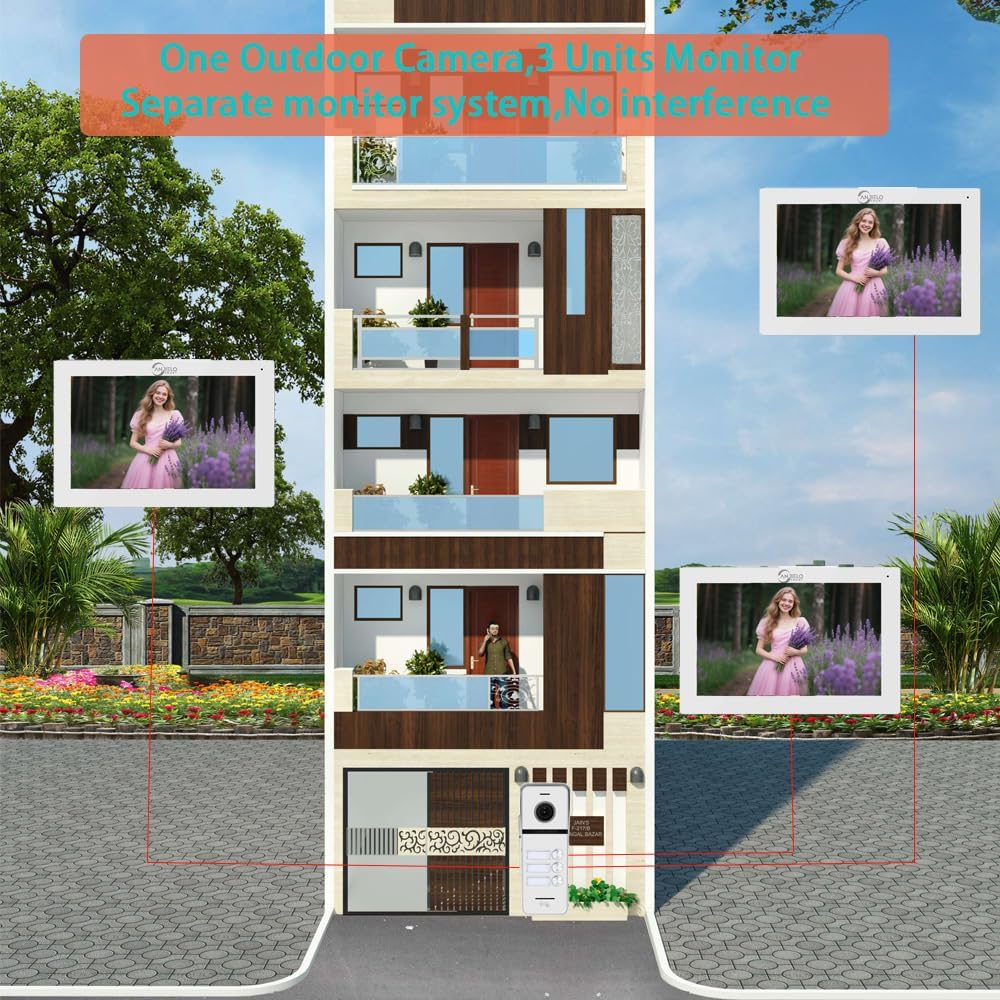Wired Video Doorbell Intercom System 3 Unit 7 Inch Monitor Door Phone Kit 1080P Camera Night Vision,Support Remote Unlock Door Release,Snapshot for Home Vally Apartment (1 doorbell(w)+3 minitor(w))