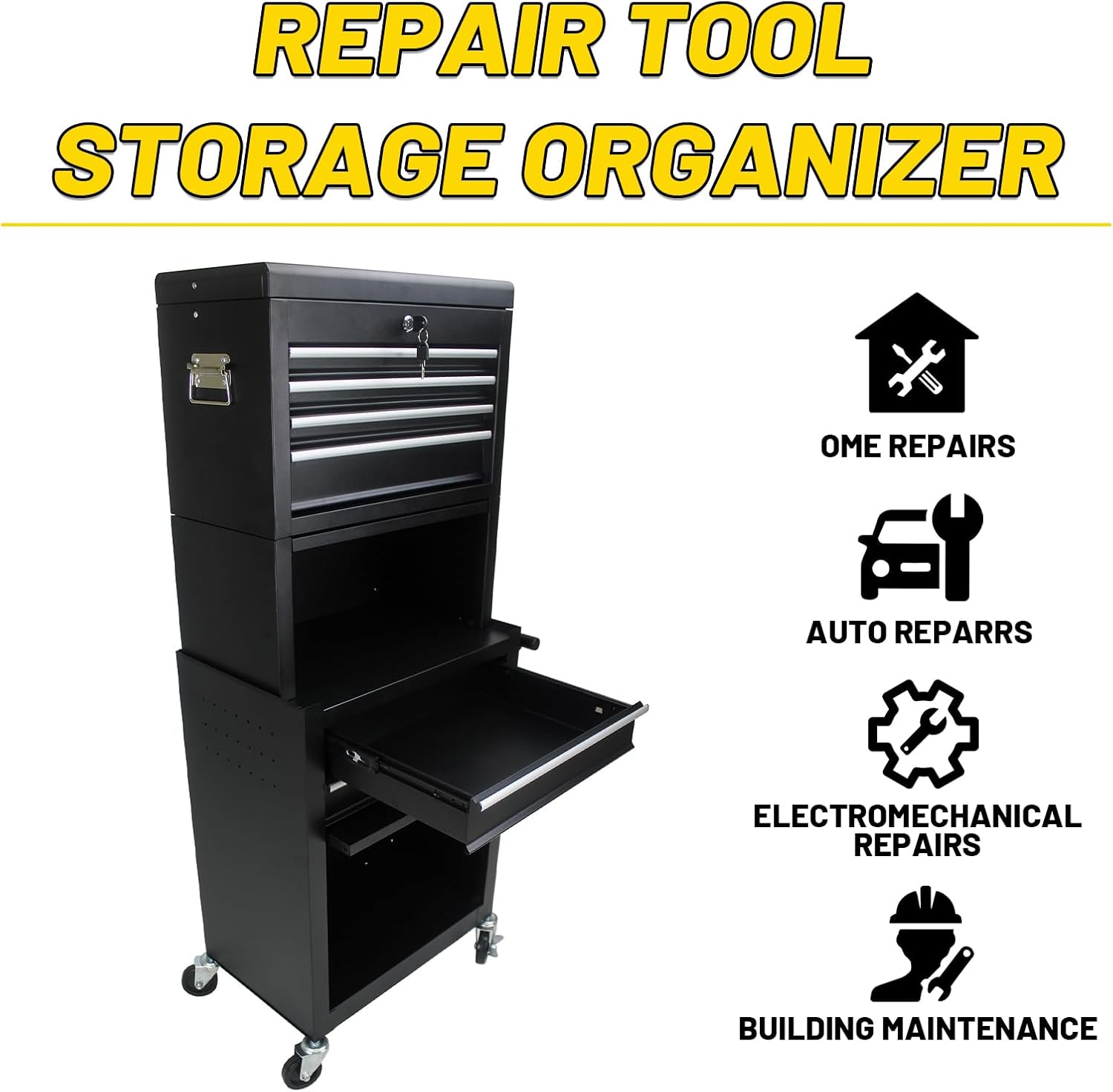 Rolling Tool Chest with 6 Drawers, Lockable Steel Tool Cabinet on Wheels with Detachable Top Box, Garage Workshop Storage Organizer, 2-in-1 Tool Box