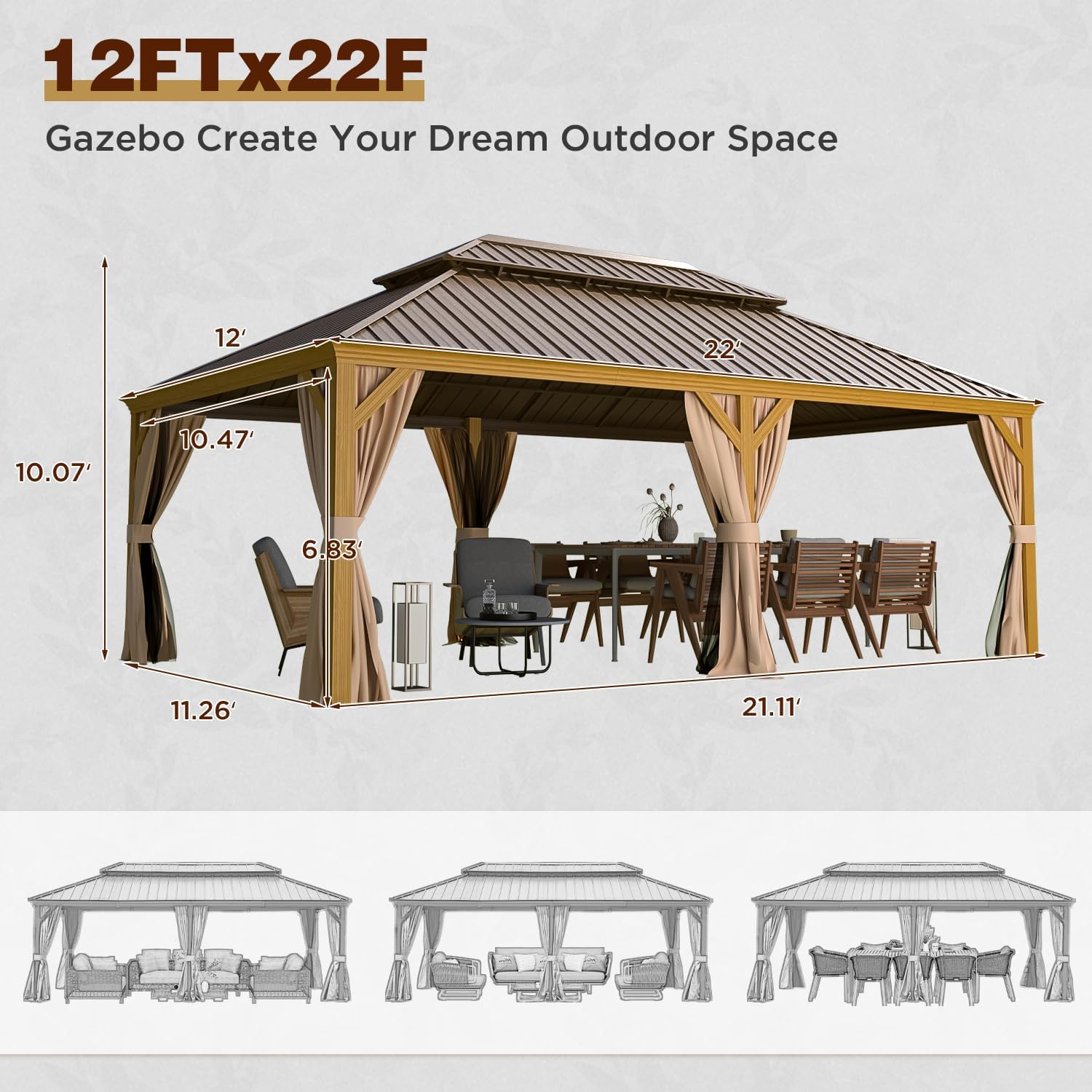 YOLENY 12'x22' Hardtop Gazebo, Galvanized Steel Double Roof with Wood Grain Aluminum Frame Pergola, Outdoor Permanent Metal Pavilion with Curtains and Nettings for Patio, Backyard and Deck