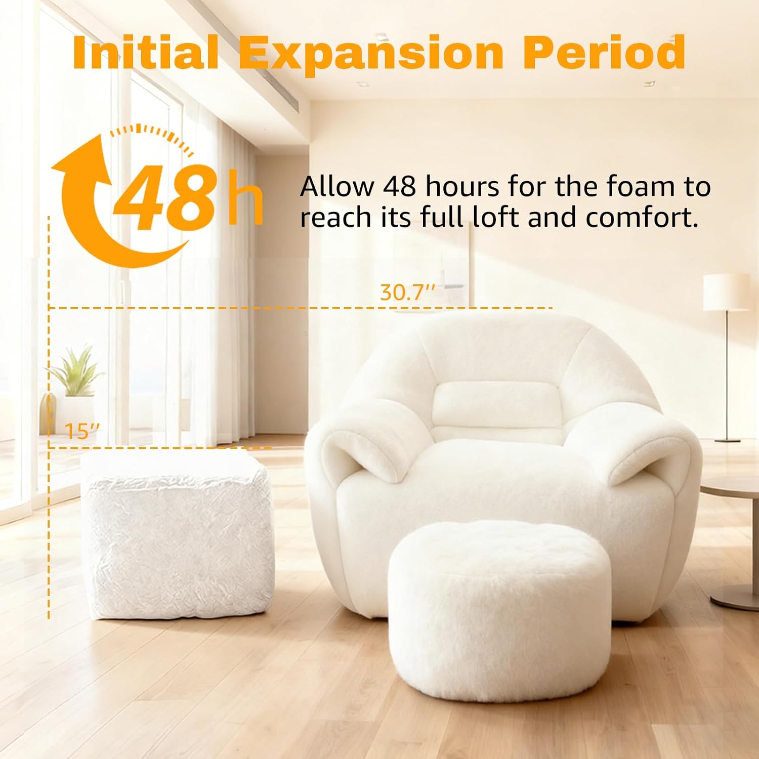 Large Bean Bag Chair with Ottoman, Giant Faux Fur Adult Bean Bag Sofa with Footrest, Ergonomic Lounge Couch for Bedroom, Living Room, Large Comfy Reading Chair Gaming (White, Single, Simple)