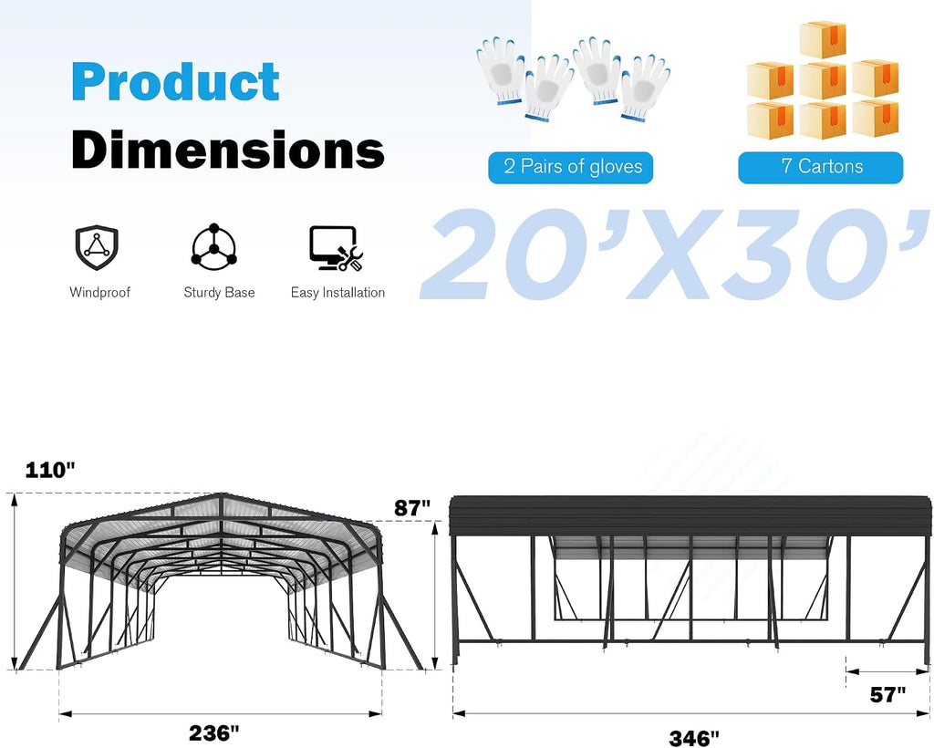 AirWire 20'X30' Heavy Duty Carport Canopy for 2 Car, Metal Car Port Garage with Galvanized Steel Roof and Reinforced Stable Triangle Frame Base, Large Car Tent Shelter for Car, Pickup, Tractor, Boat