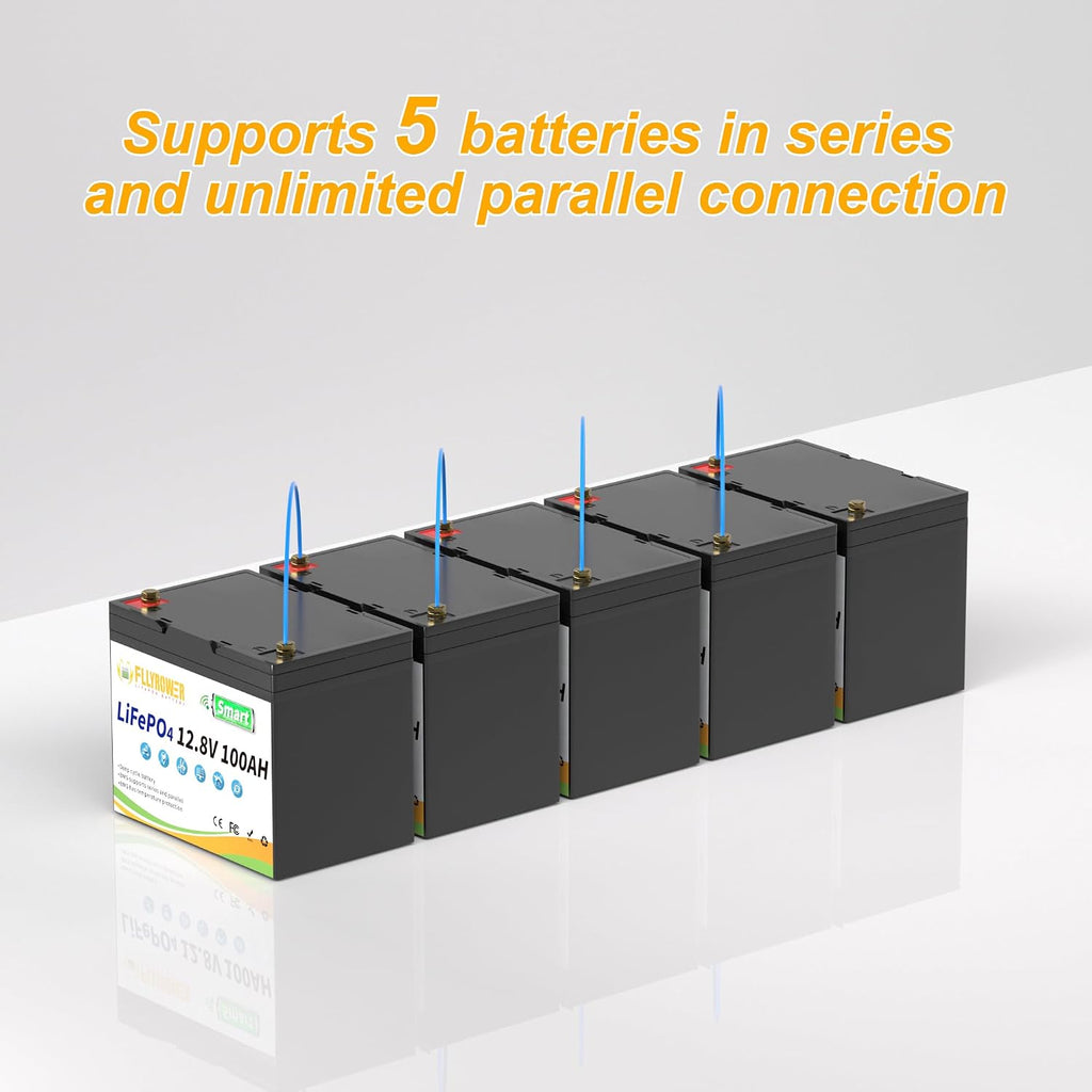 FLLYROWER Lithium Battery 12V 100AH With Smart BMS and 17000 Deep Cycles Lifepo4 Battery Grade A Cells for Marine Trolling Motor RV camping Solar Golf Cart Off-Grid