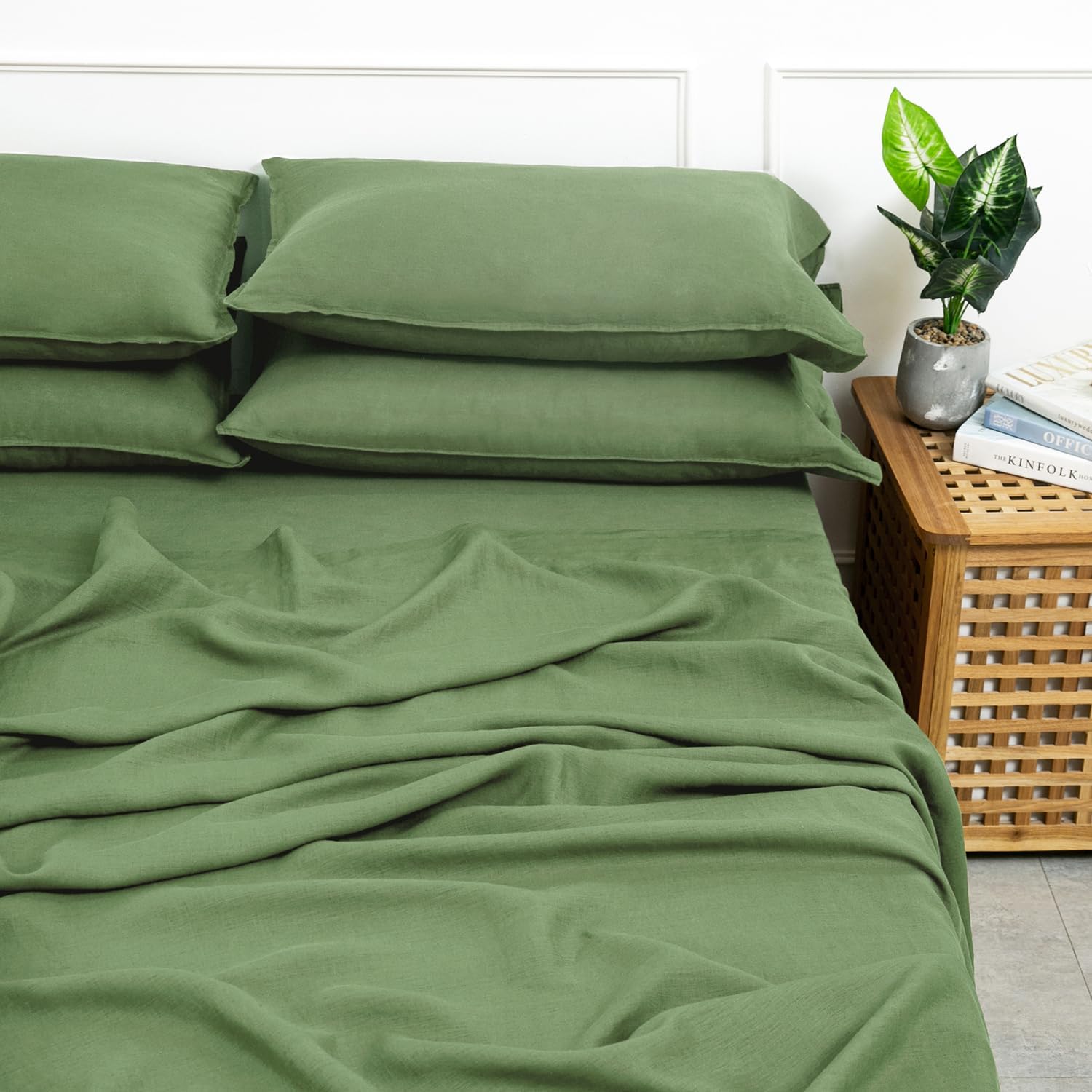 S VICTORY SYMBOL 100% Organic Linen Sheets Set King Size,French Flax Bed Sheets 4Pcs(1 Flat Sheet&1 Fitted Sheet&2 Pillowcases Natural Linen Farmhouse Bedding-Forest Green