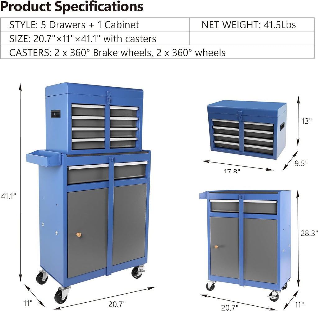 Large Rolling Tool Chest,5-Drawer Tool Boxes On Wheels with Organizer Bins,Mobile Steel Detachable Tool Cabinet with Hooks,Adjustable Shelf & Locking System for Workshop Garage Grey