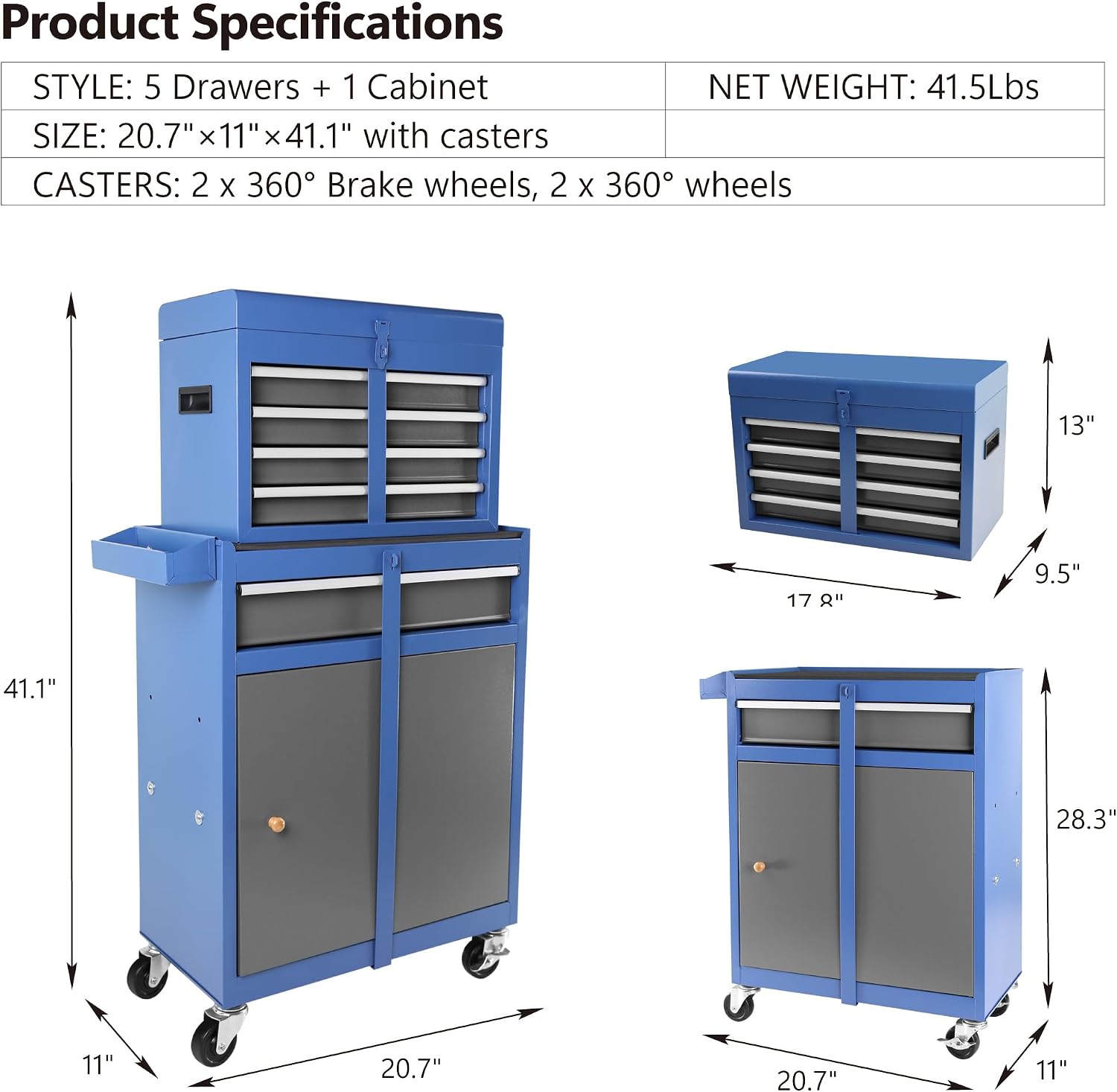 Large Rolling Tool Chest,5-Drawer Tool Boxes On Wheels with Organizer Bins,Mobile Steel Detachable Tool Cabinet with Hooks,Adjustable Shelf & Locking System for Workshop Garage Grey