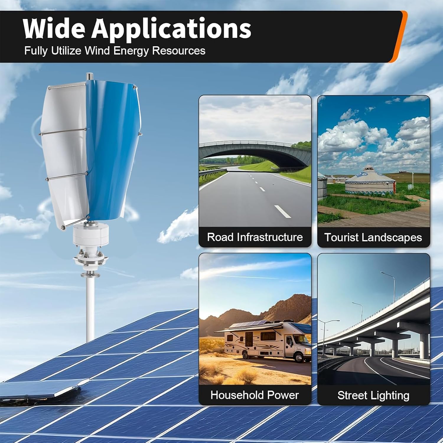 3000W-6000W 12V Vertical Helix Wind Turbine Generator with Charge Controller, No Noise Hybrid Solar Wind System for Boats, Gazebos