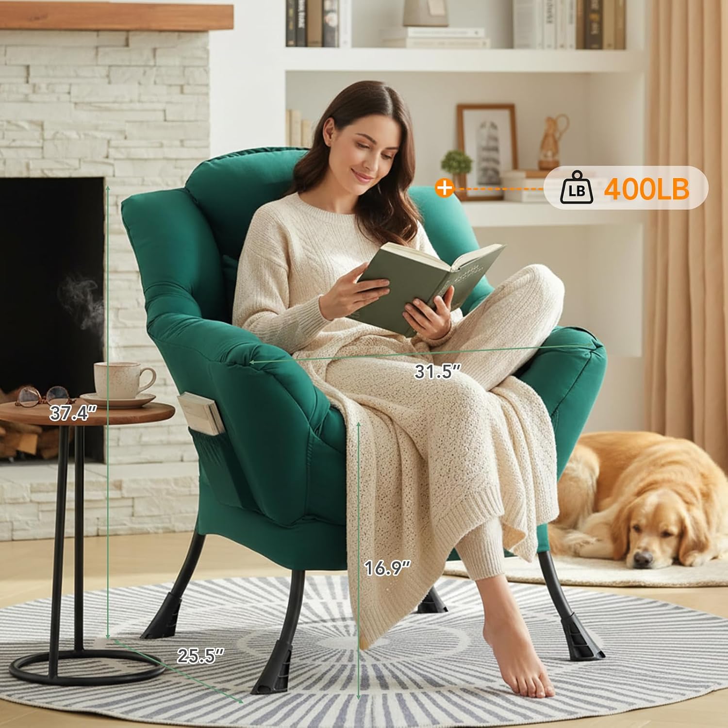Lazy Chair for Living Room, Large Dark Green Accent Chair with a Throw Pillow, Leisure Sofa Chair Set, Comfy Reading Chair for Bedroom, Dorm Room, Office