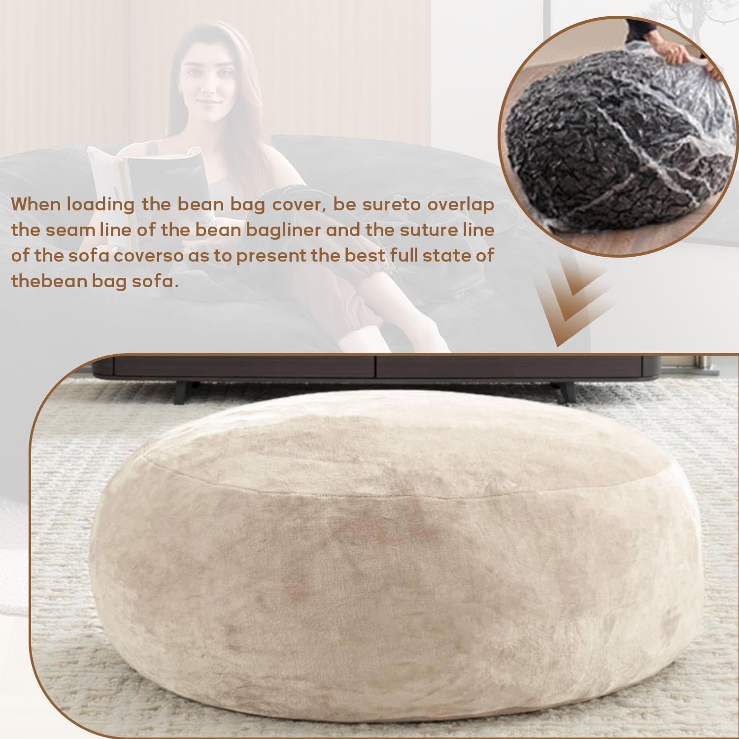 Giant Bean Bag Chairs for Adults,5FT,Bean Bag Chair with Filler Included,Highly Resilient Memory Foam Chair,Jumbo Bean Bag,Suitable for Bedroom and Dormitory Game Chair. (Apricot, 5 Foot)