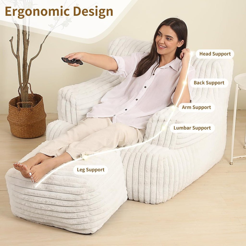 MOMCAYWEX Comfy Gaint Bean Bag Chair with Ottoman, Fluffy Huge Bean Bag Armchair for Adults and Teens, Cream
